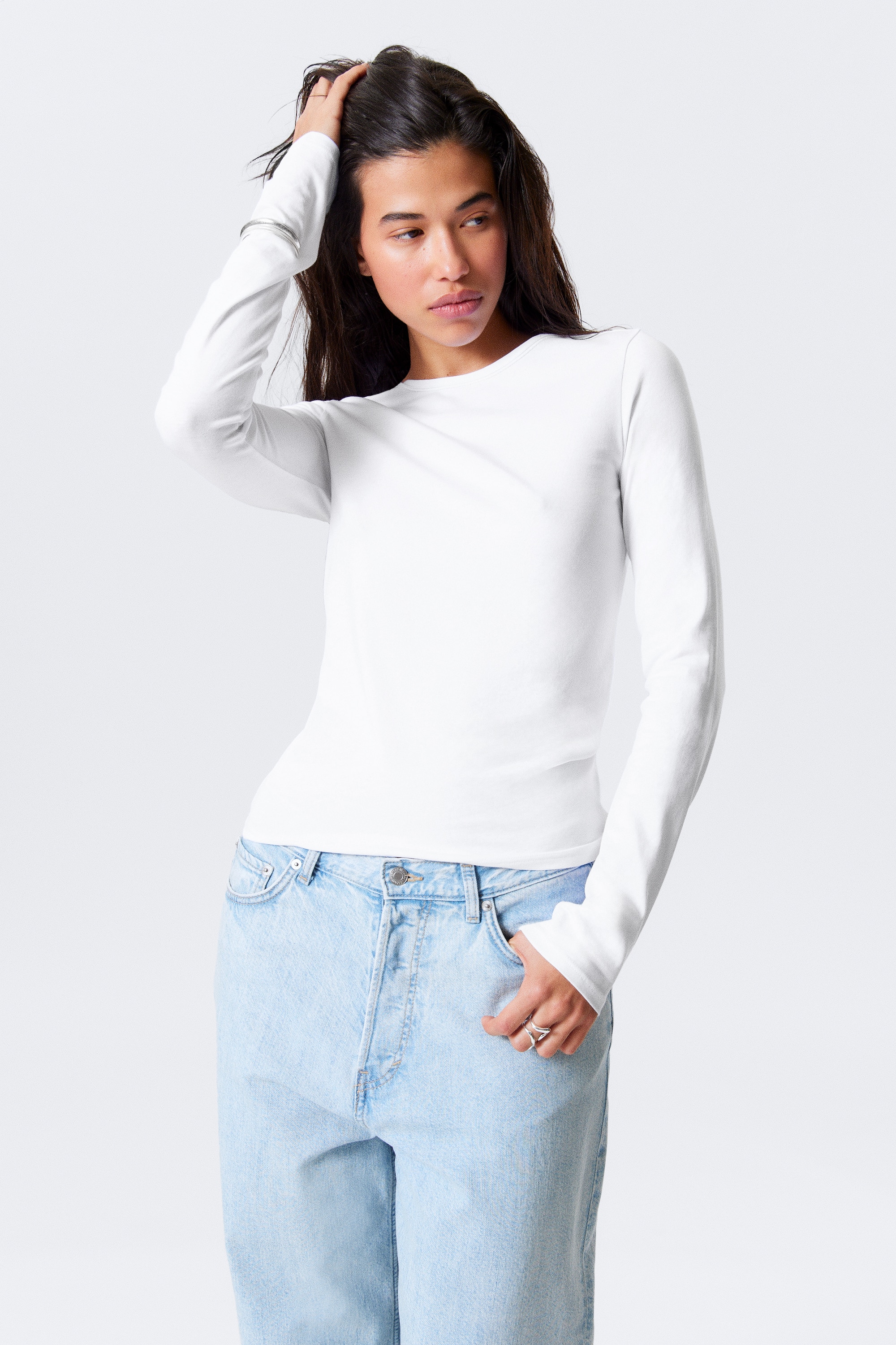 Top de manga larga de punto de algodón suave - Blanco/Verde petróleo/Topo oscuro