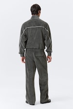 Dark Grey - Mid Rise Loose Straight Leg Velour Track Pants - 3
