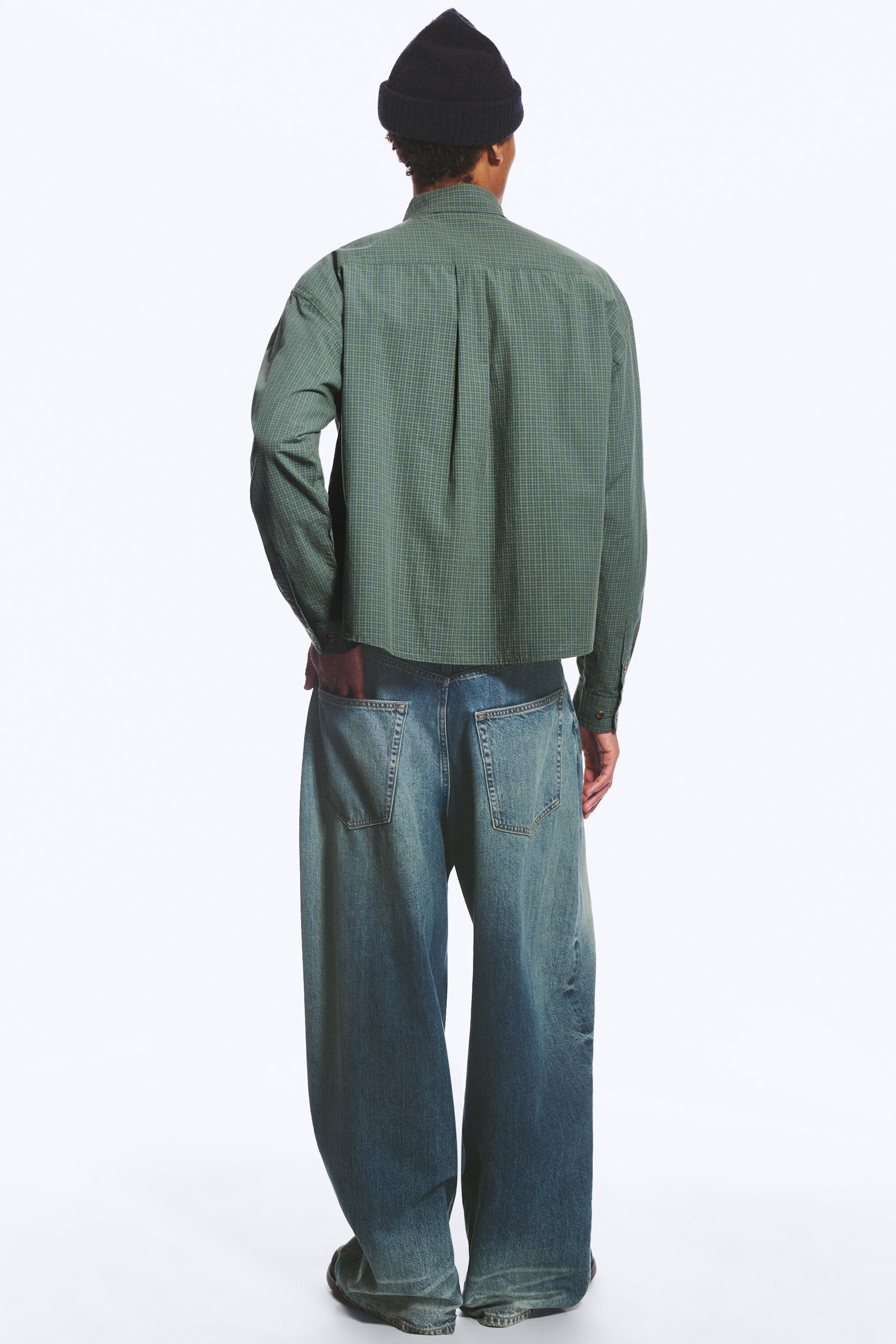 Checked Green - Boxy Long-Sleeved Cotton Poplin Shirt - 10
