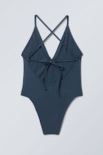 Marineblau - Badeanzug mit tiefem V-Ausschnitt - 1