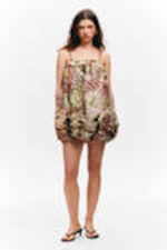 Brown & Green Floral Dots - Sleeveless Balloon Mini Dress - 0