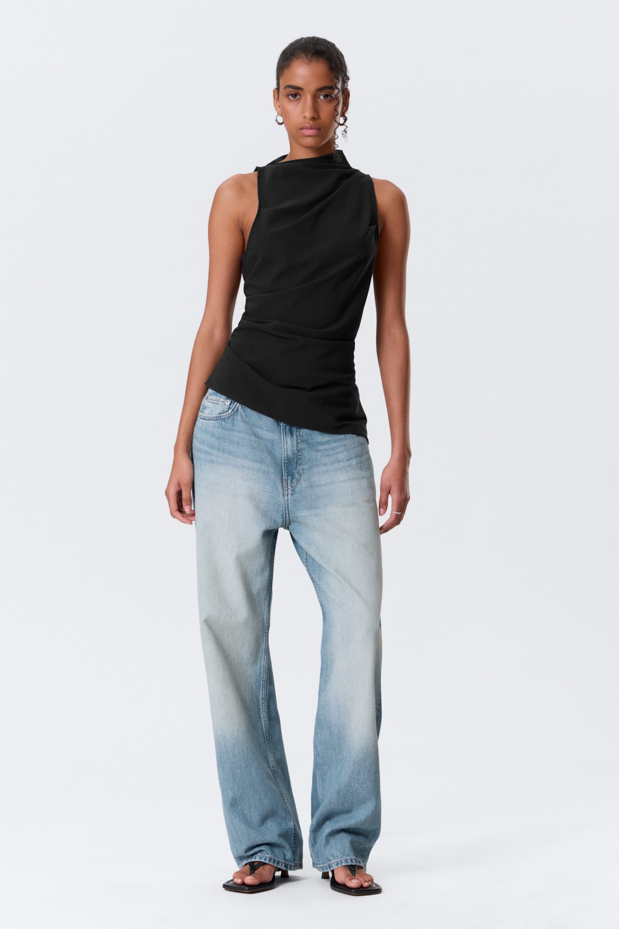 Black - Asymmetric Sleeveless Suiting Top - 2