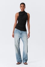 Black - Asymmetric Sleeveless Suiting Top - 1