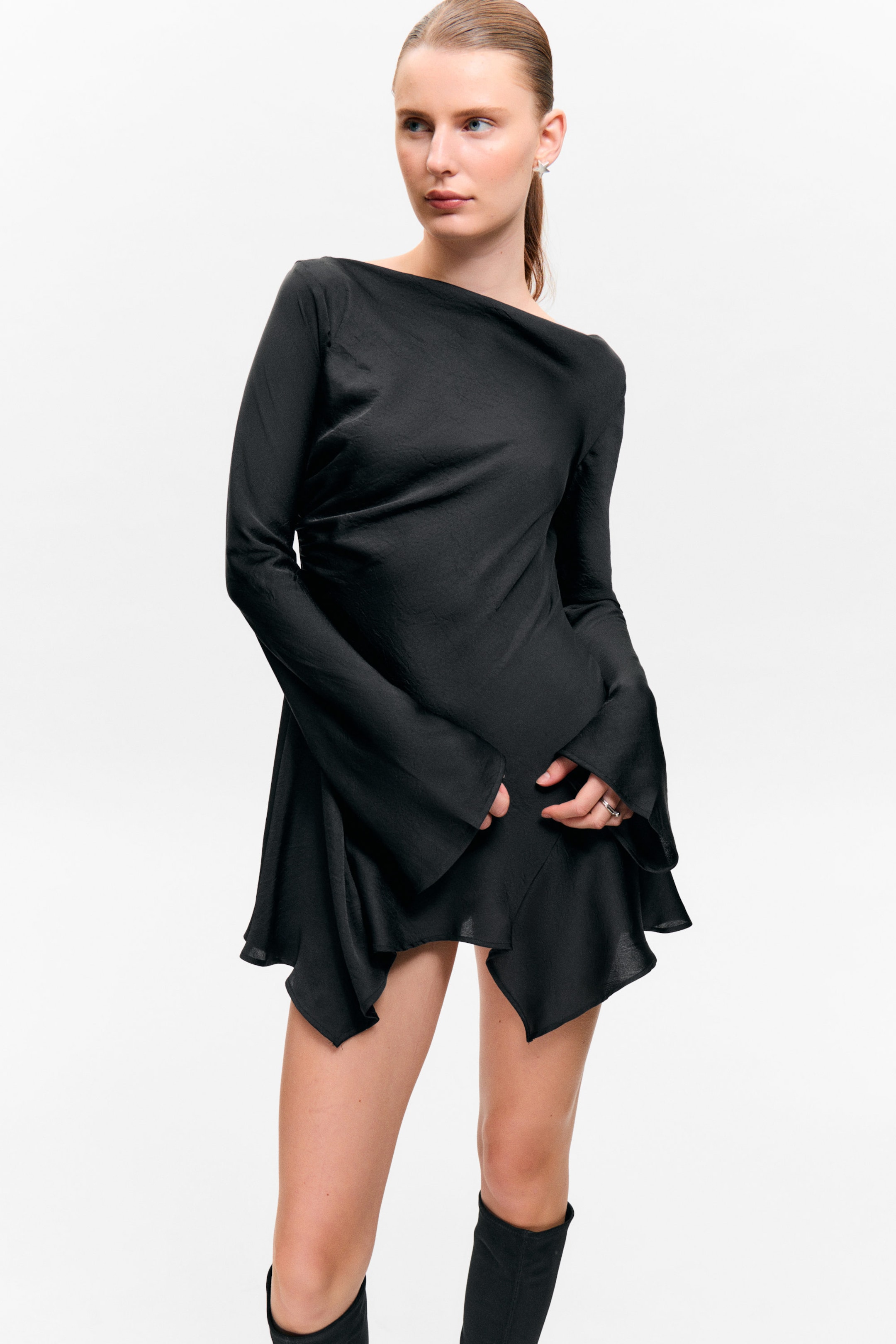 Black - Long-Sleeved Asymmetric Satin Mini Dress - 1