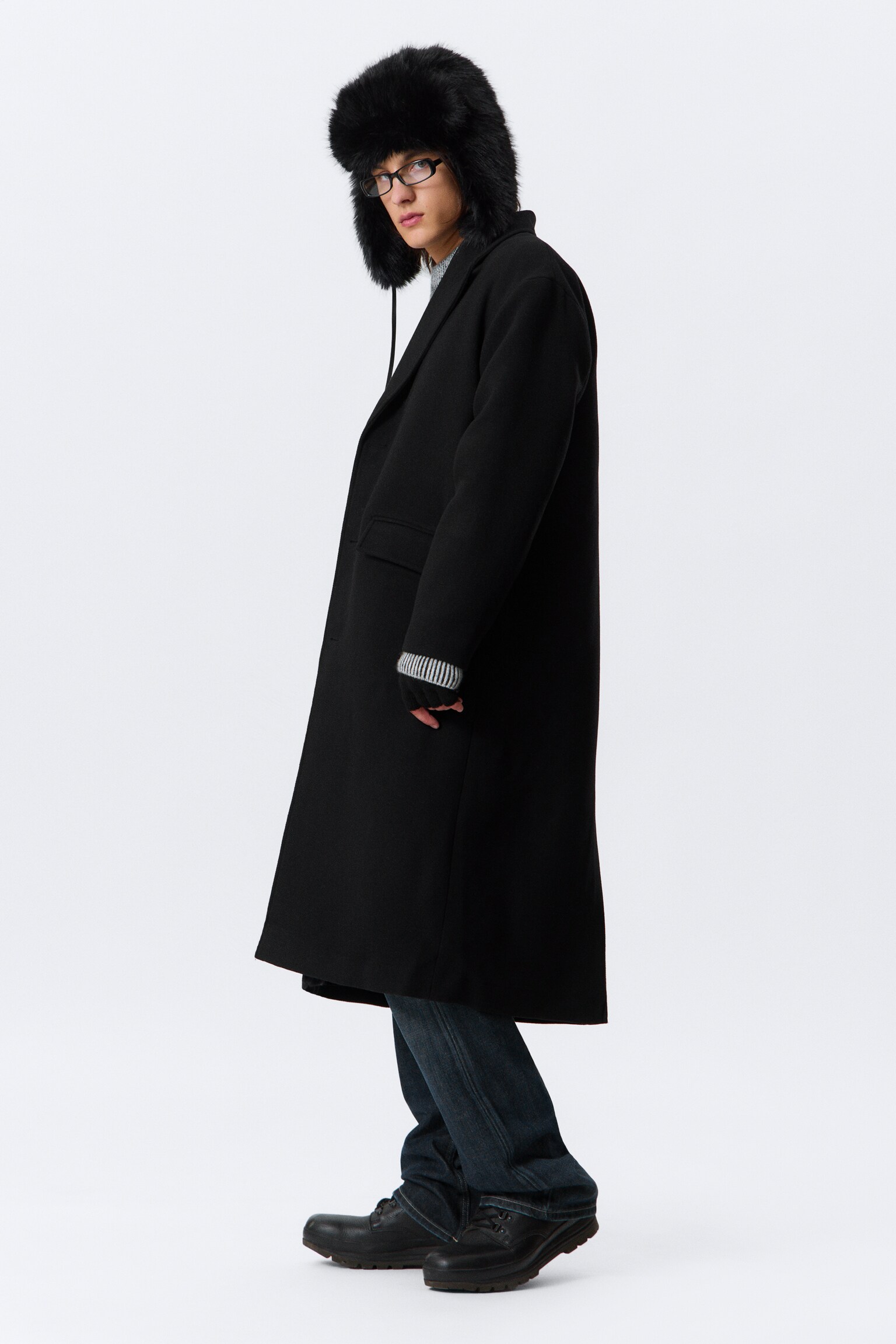 Oversized Single-Breasted Wool Blend Coat - Black/Beige Multi Check - 5