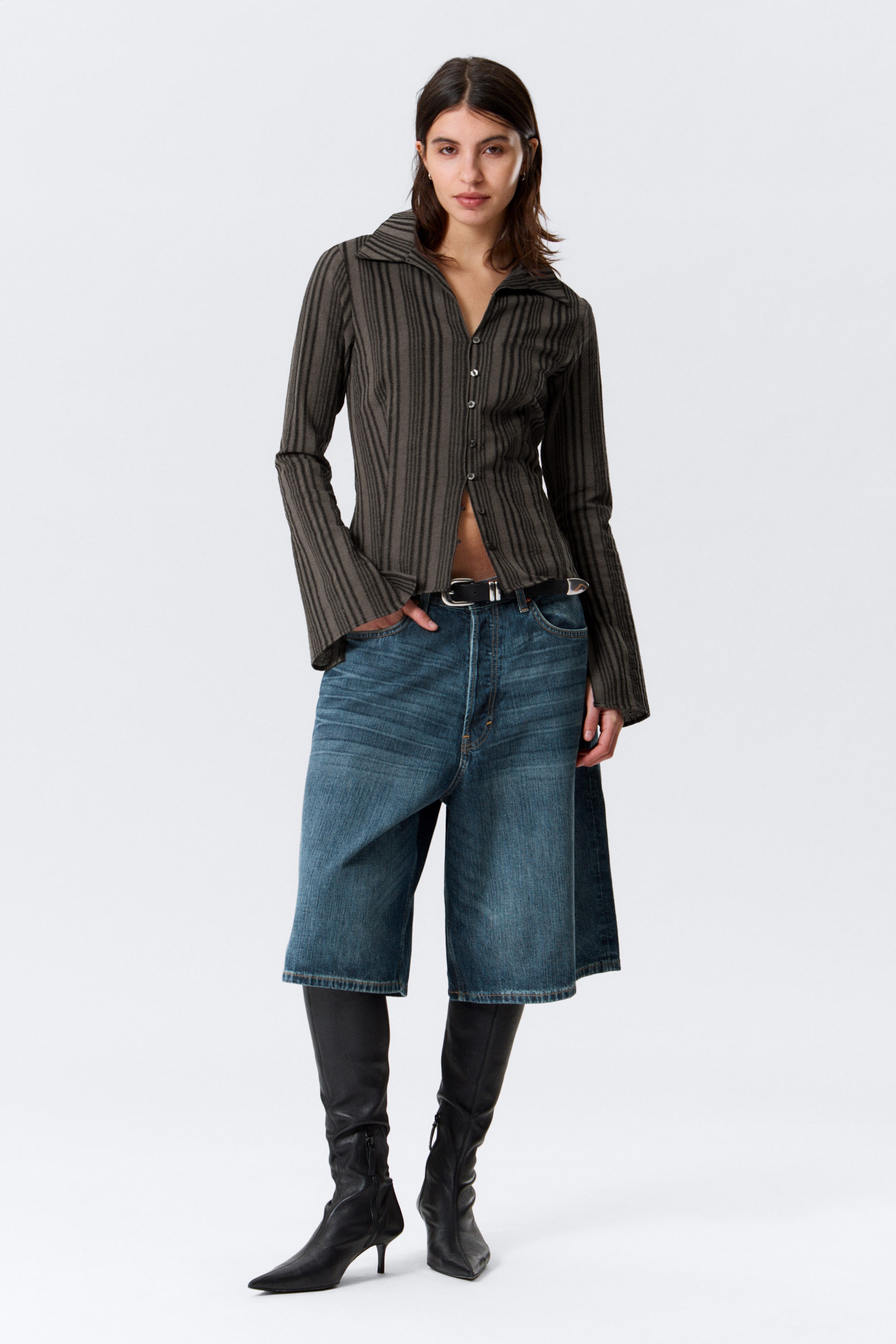 Striped Dark Grey - Slim Fit Textured Blouse - 2