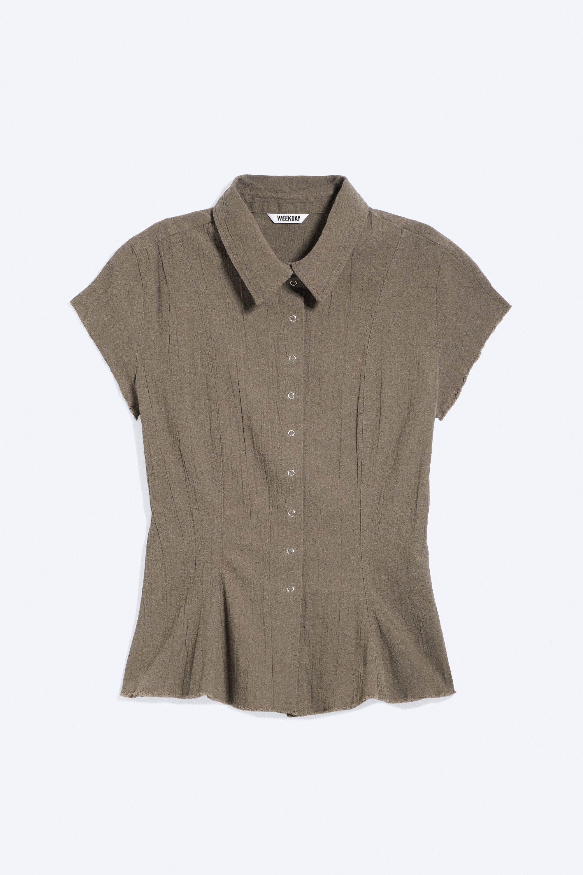 Overhemd van crêpe met korte mouwen - Slim Fit - Zacht taupe/Donkertaupe/Donkergrijs - krijtstrepen/Wit/Donkergrijs/Donkerbruin