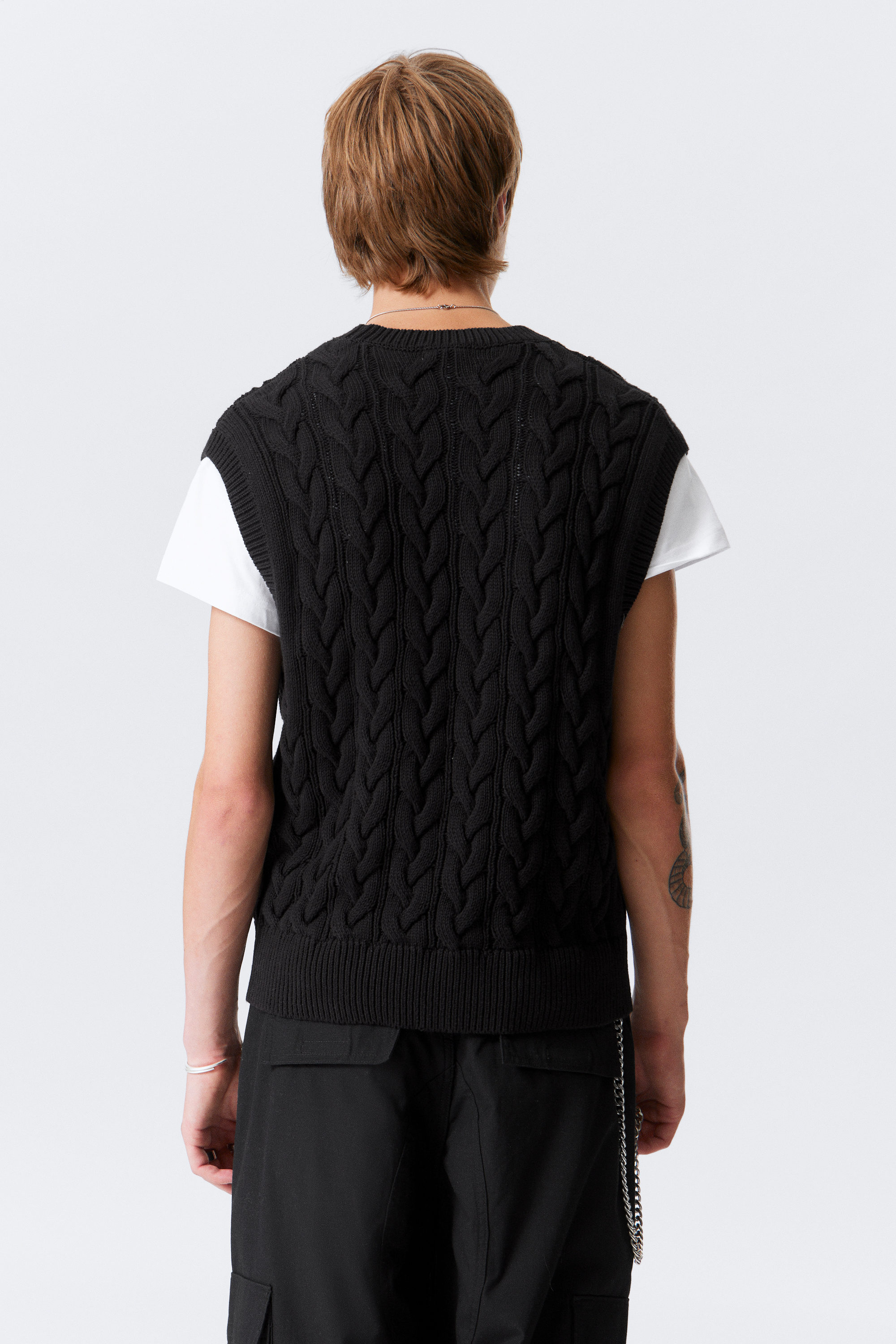 Black - Cable Knit Cotton Vest - 3