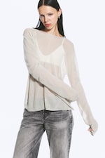 Helles gedecktes Taupe - Lockerer, transparenter Strickpullover - 0