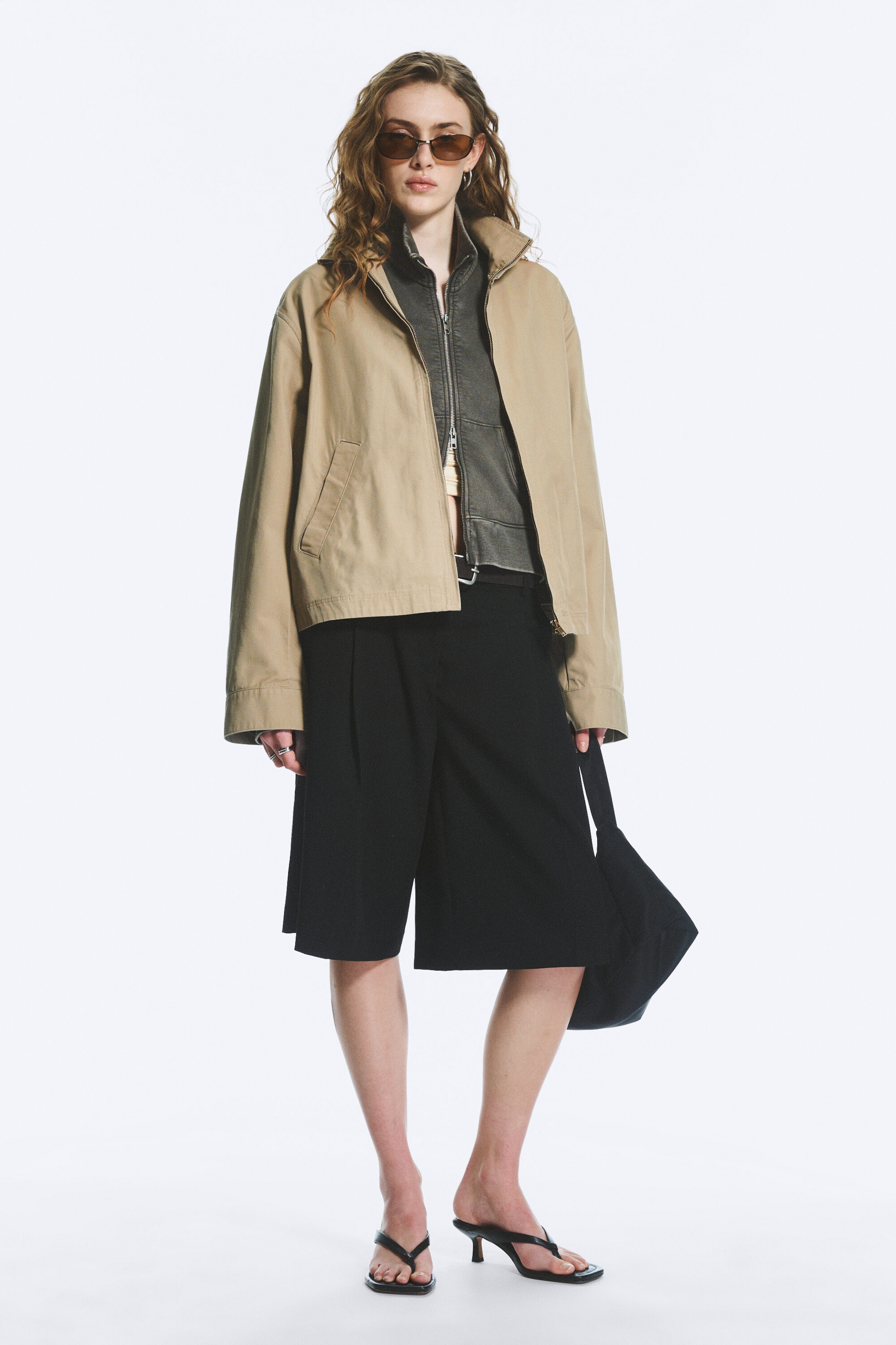 Beige - Veste décontractée en coton à col cheminée - 1