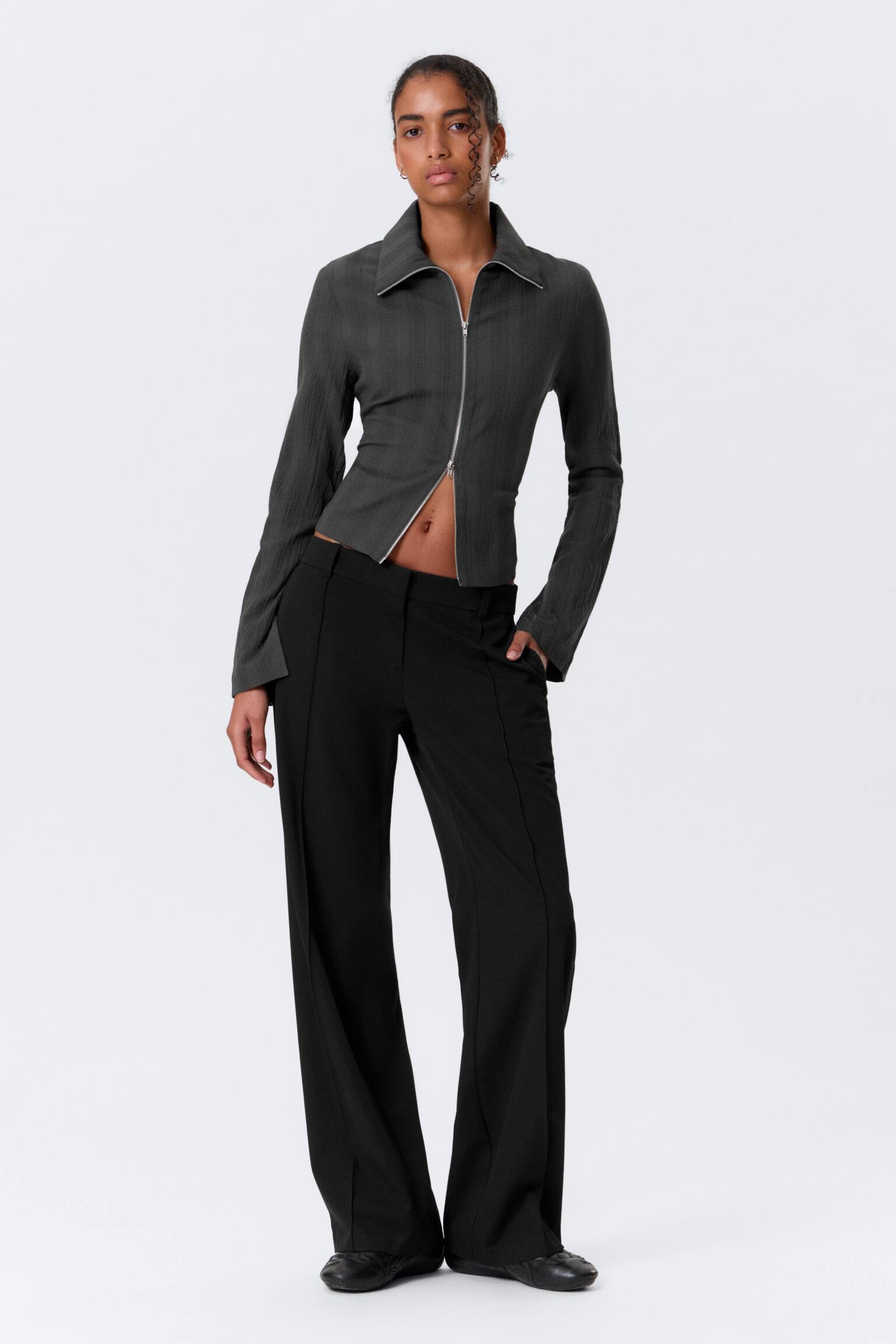 Pantalon de costume droit taille basse - Noir/Gris foncé chiné - 1