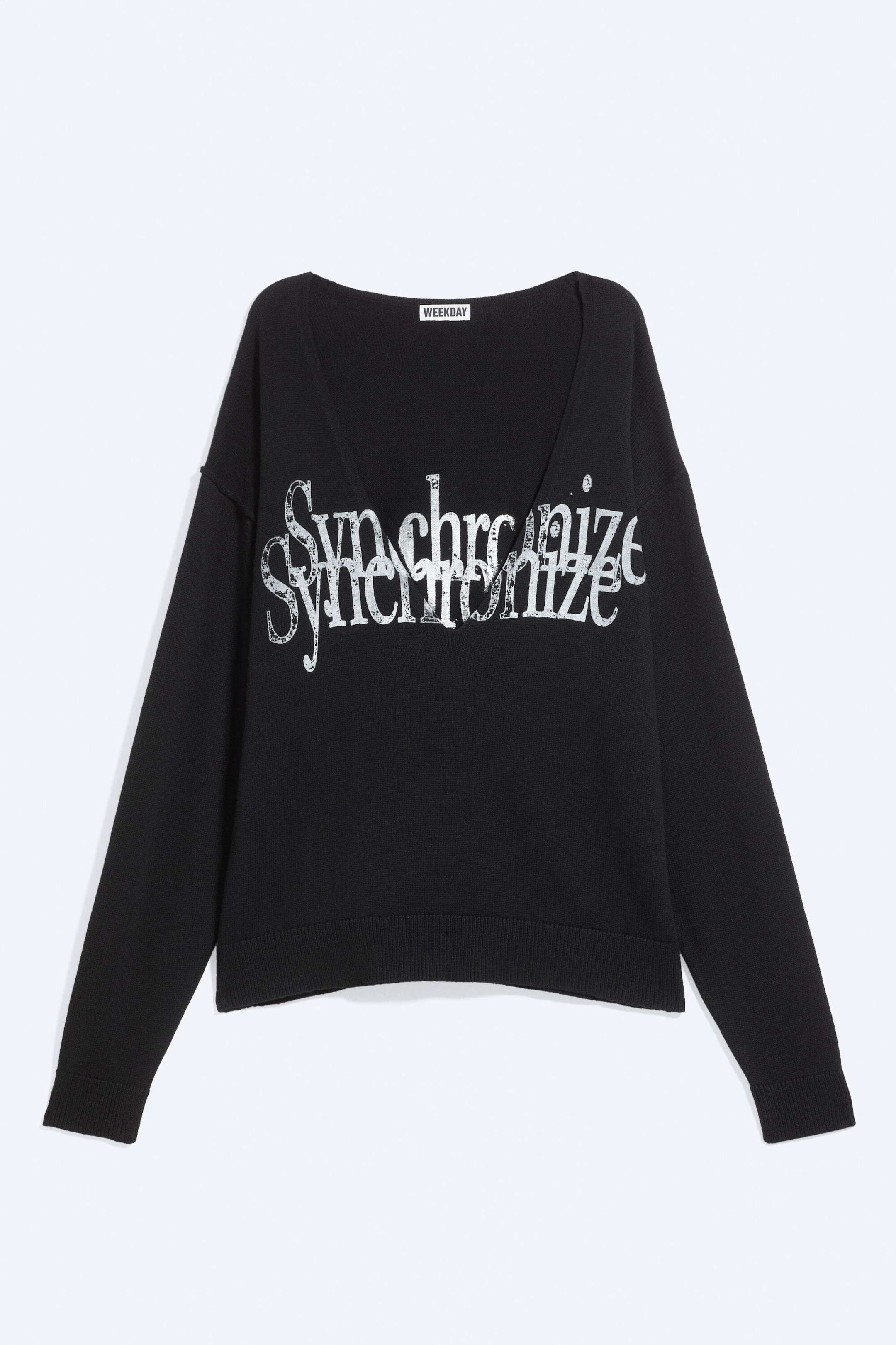 Black - Synchronize - Knitted V-Neck Graphic Sweater - 4