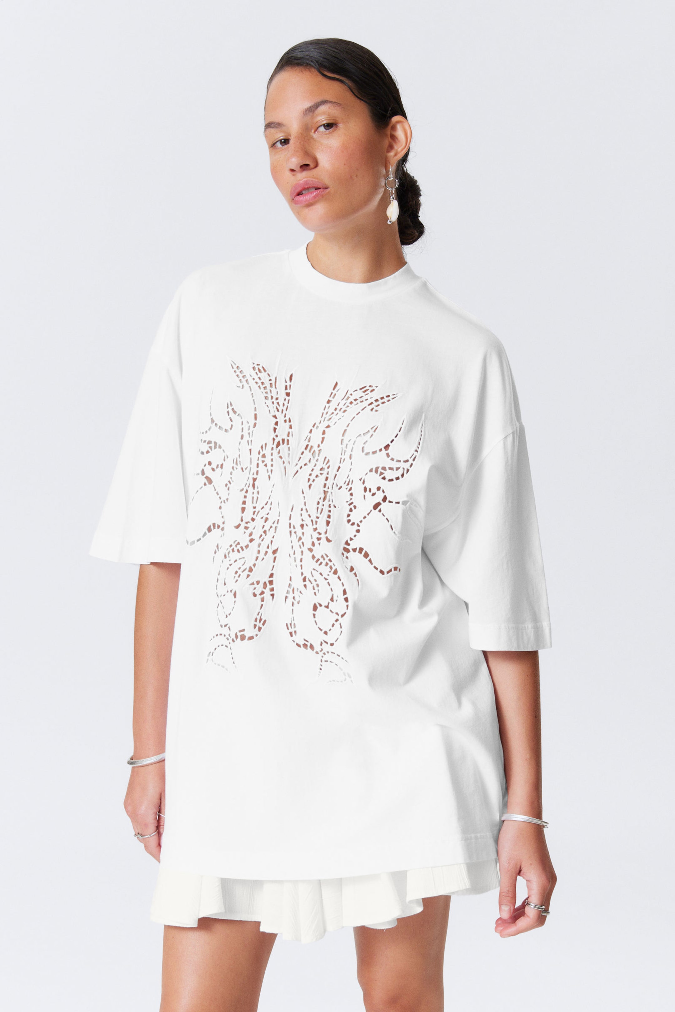 #FFFFFF - Broderie Anglaise Oversized T-shirt - 1