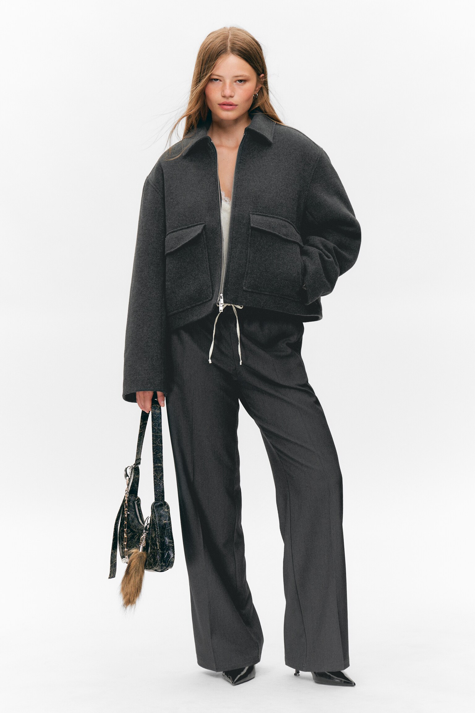 Cropped Boxy Zip Jakke - Meleret mørkegrå/Soft Brown/Mørkebrune tern - 6