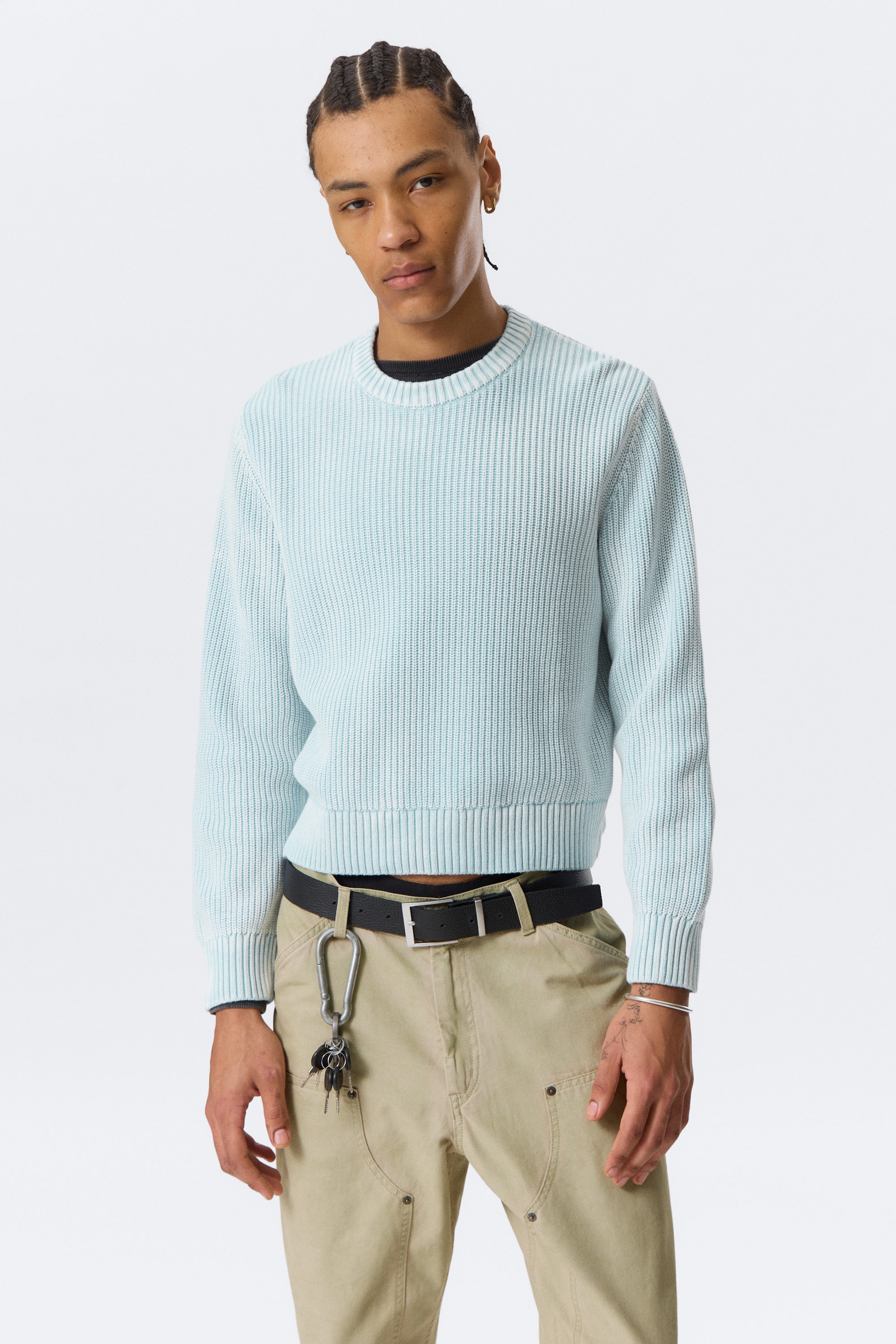 Washed Light Blue - Shrunken Knitted Cotton Sweater - 1