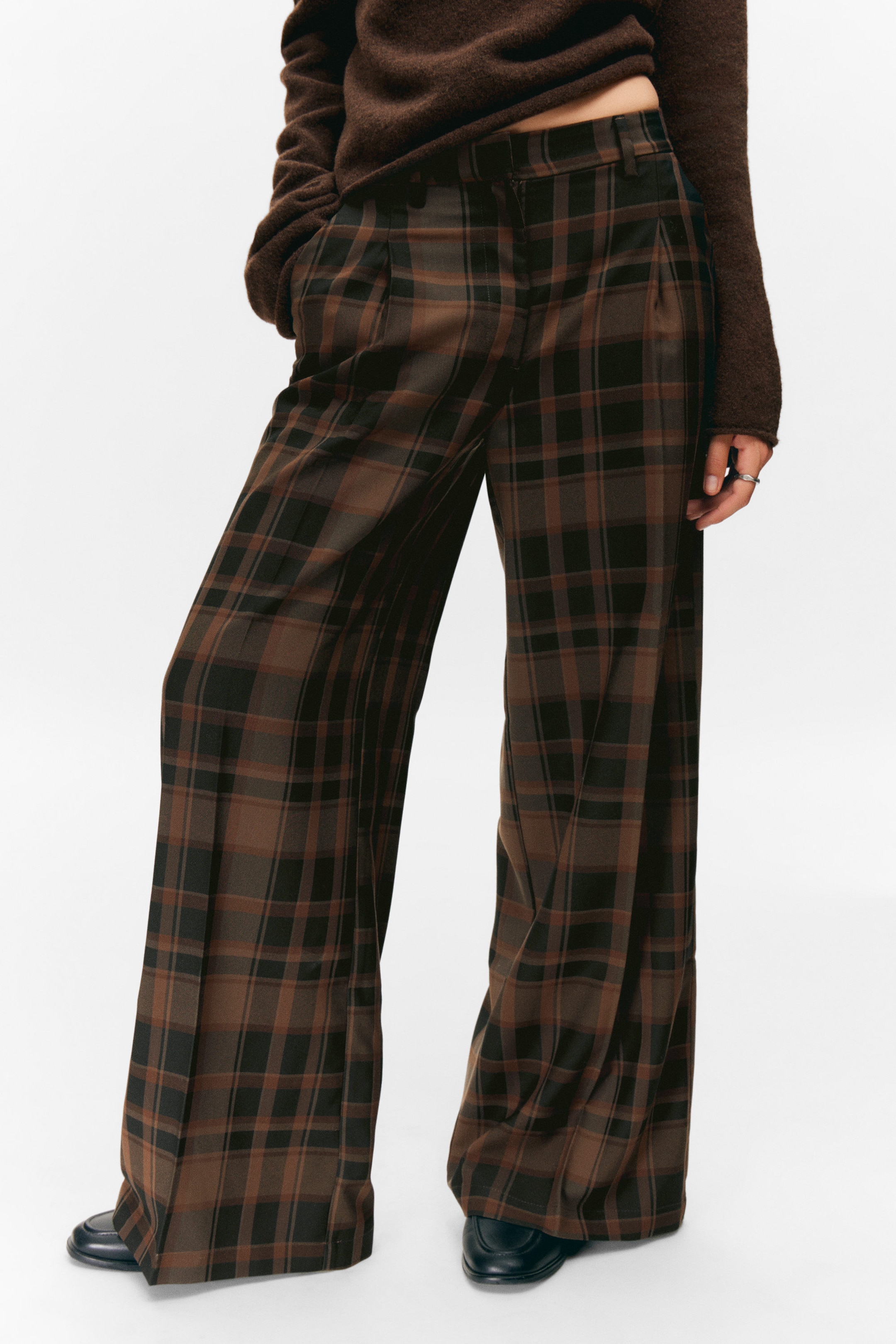 Checked Brown - High Waisted Wide Leg Suiting Trousers - 2