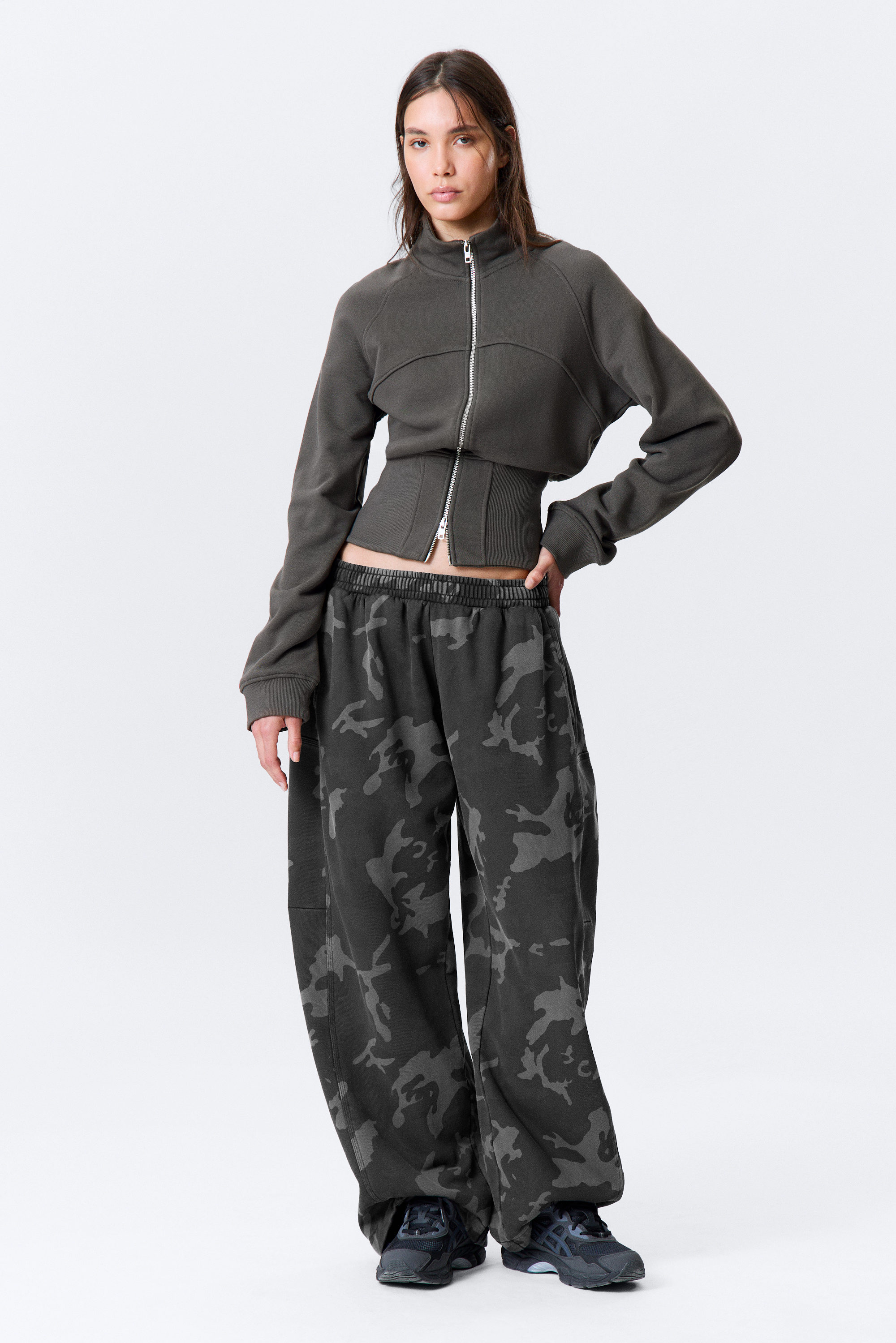 Dark Grey - Camo - Loose Printed Cotton Terry Sweatpants - 1