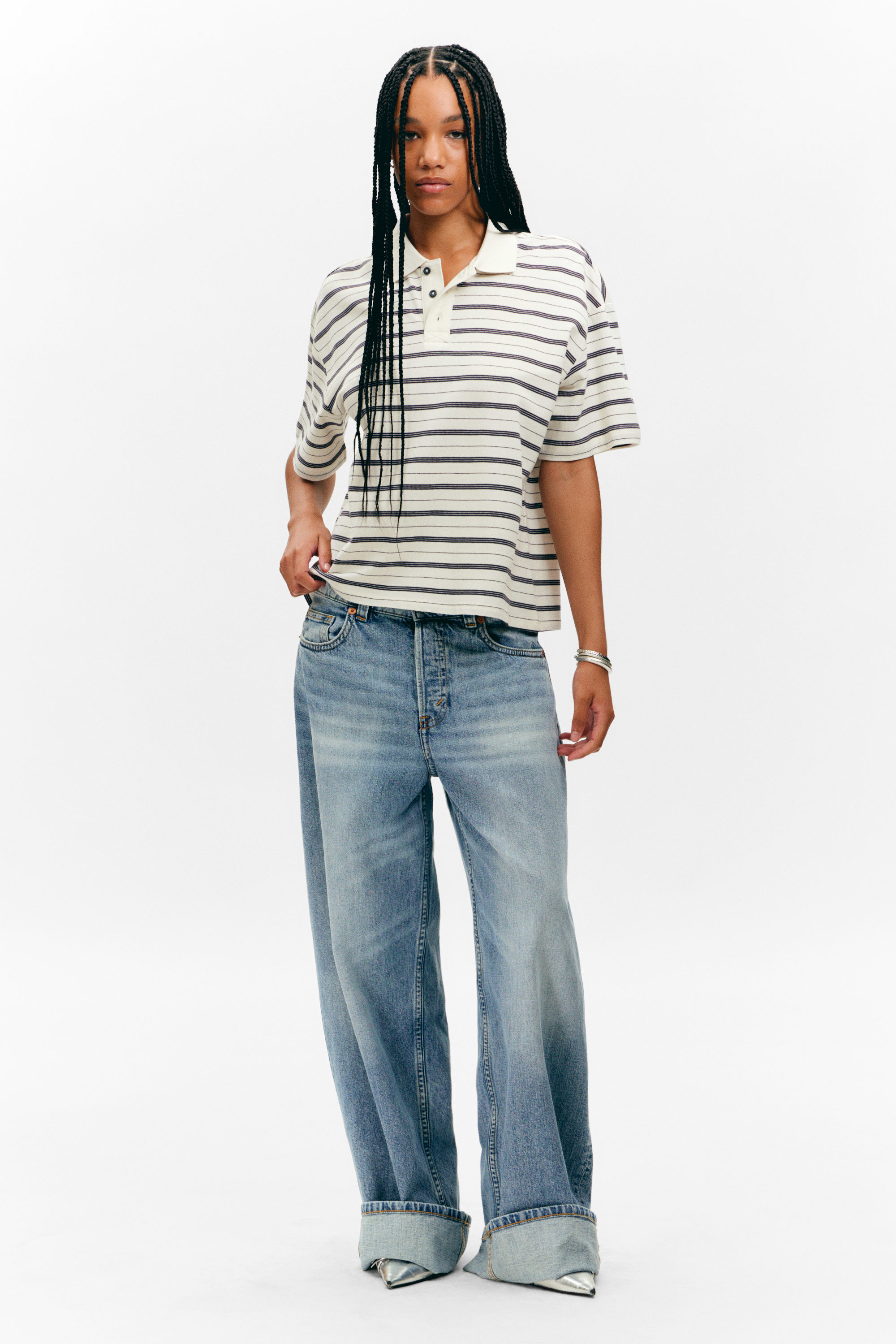 Striped Off-black & White - Striped Relaxed Fit Polo Shirt - 3