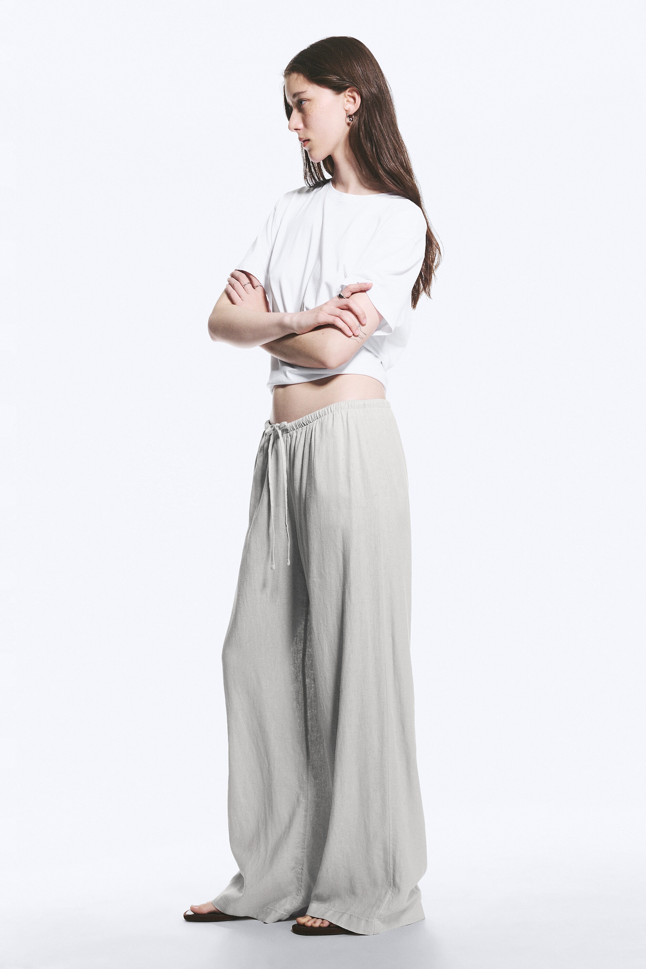 Light Grey - Low Rise Linen-Blend Trousers - 2