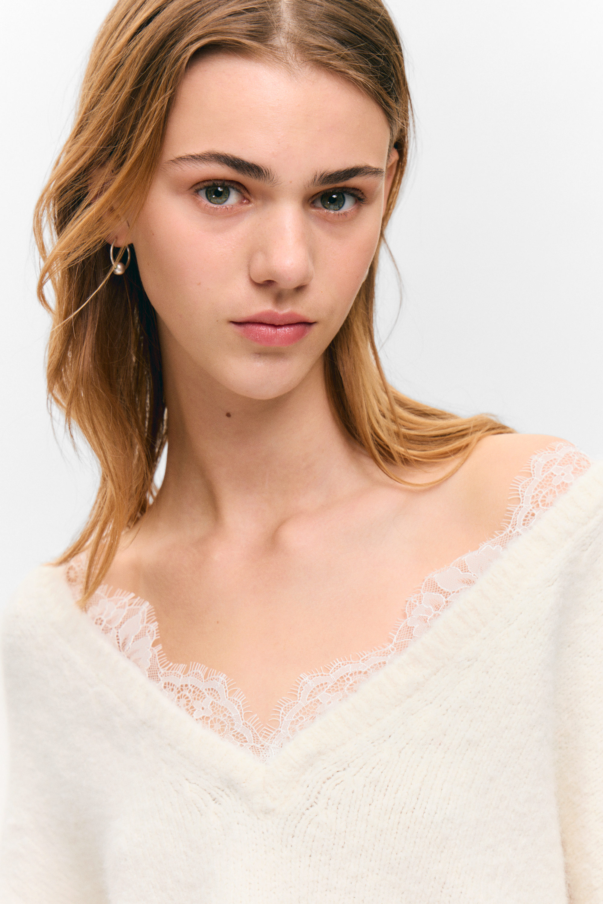 White - Lace-trimmed V-neck Sweater - 2