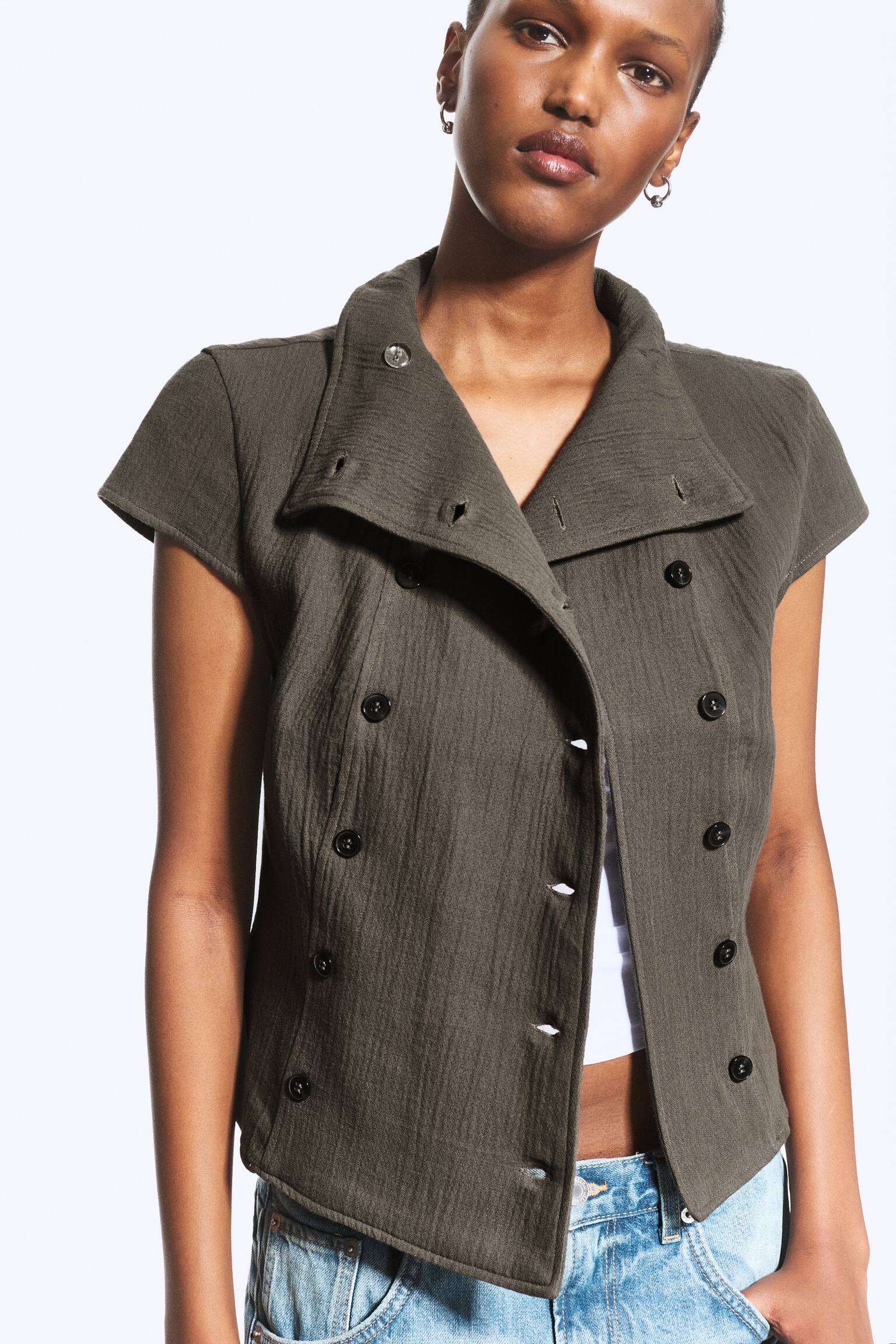 Zweireihiges Baumwolltop-Dunkles Graubraun - 4