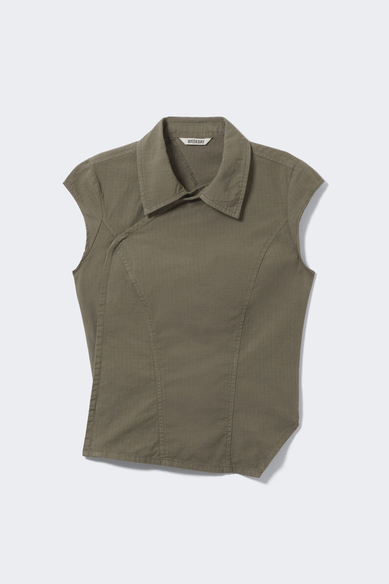 Cap-Sleeved Asymmetric Ripstop Top - Khaki Green/Black/Light Beige