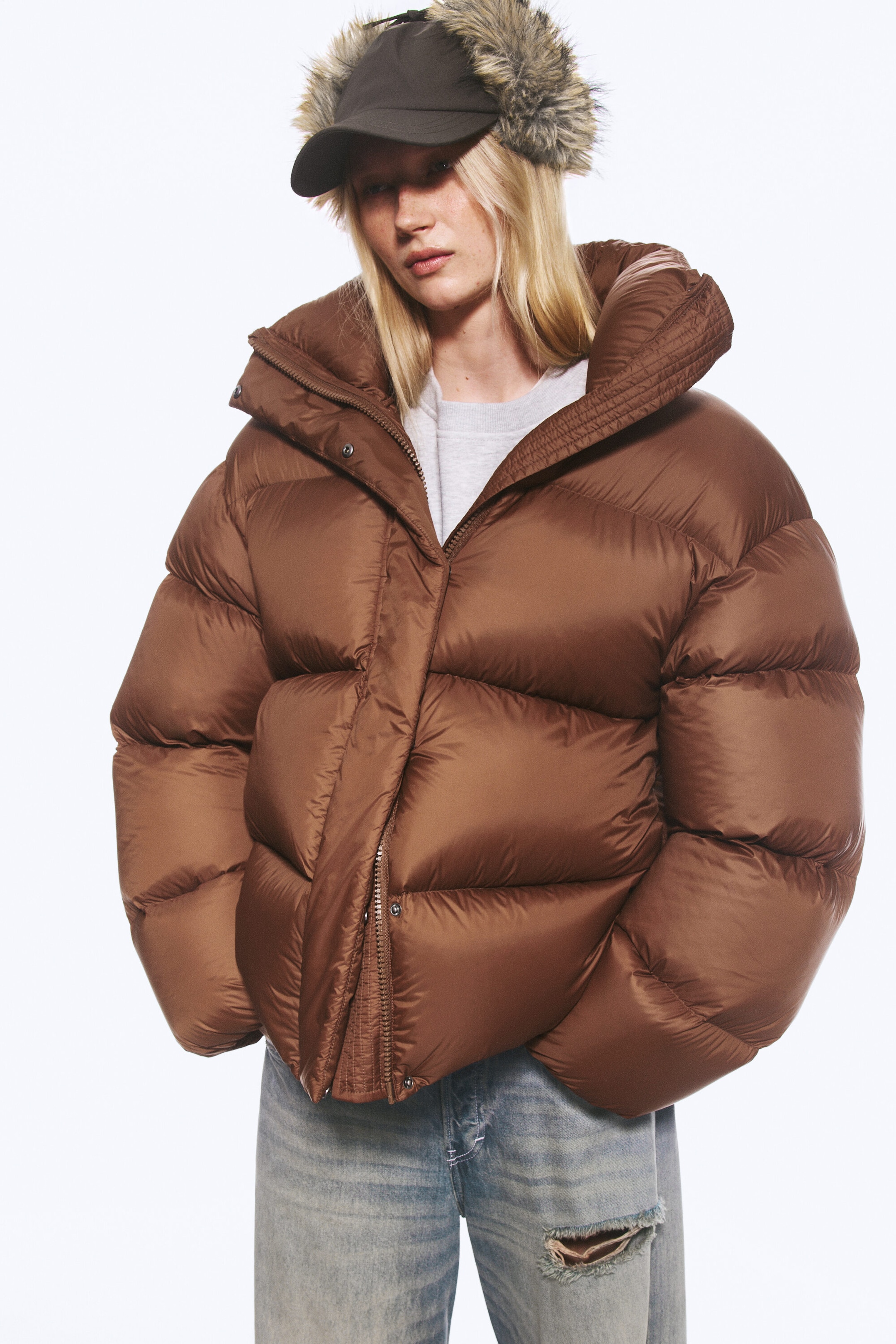 Brown - Oversized Recycled Down Puffer Jacket - 2