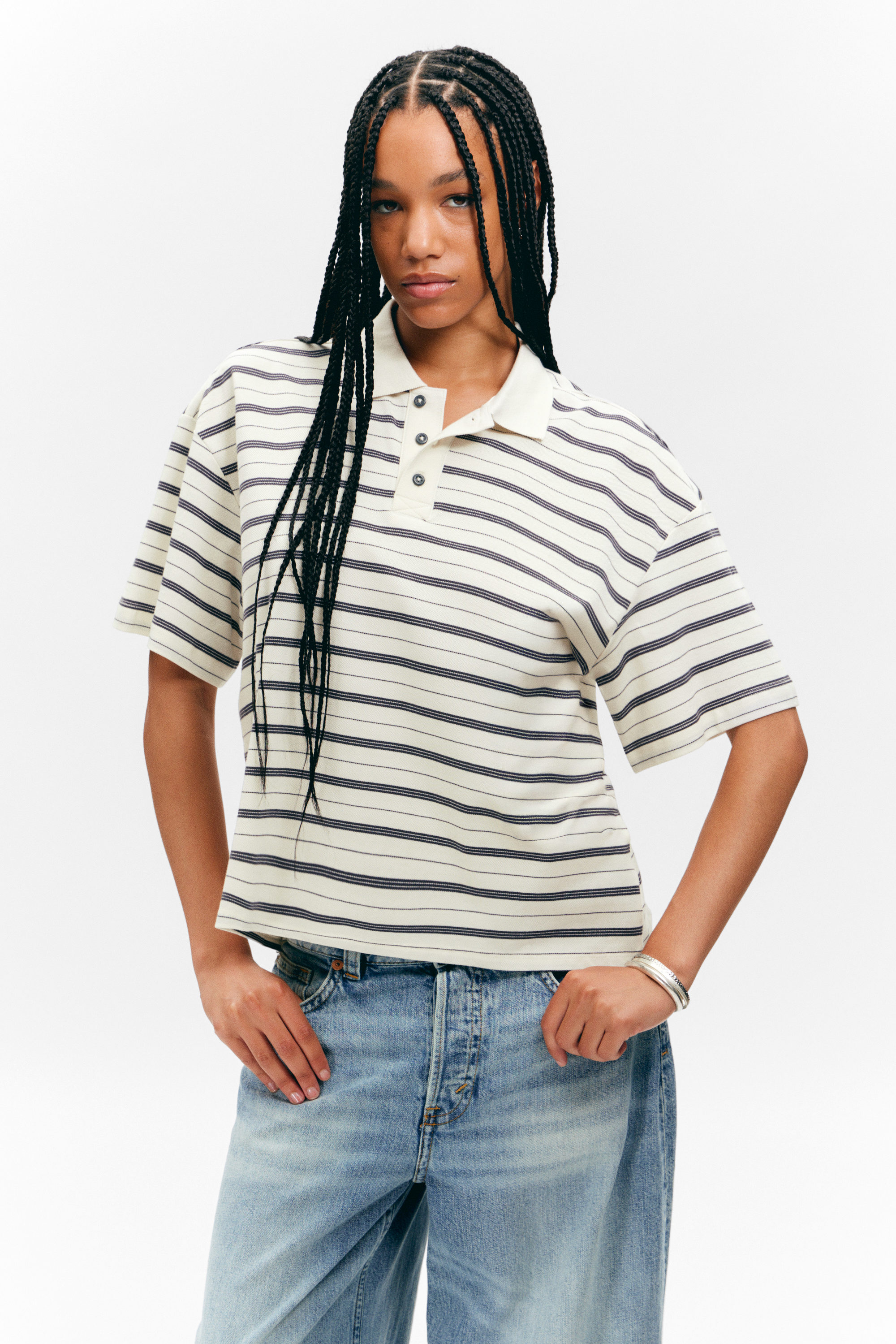 Striped Off-black & White - Striped Relaxed Fit Polo Shirt - 2