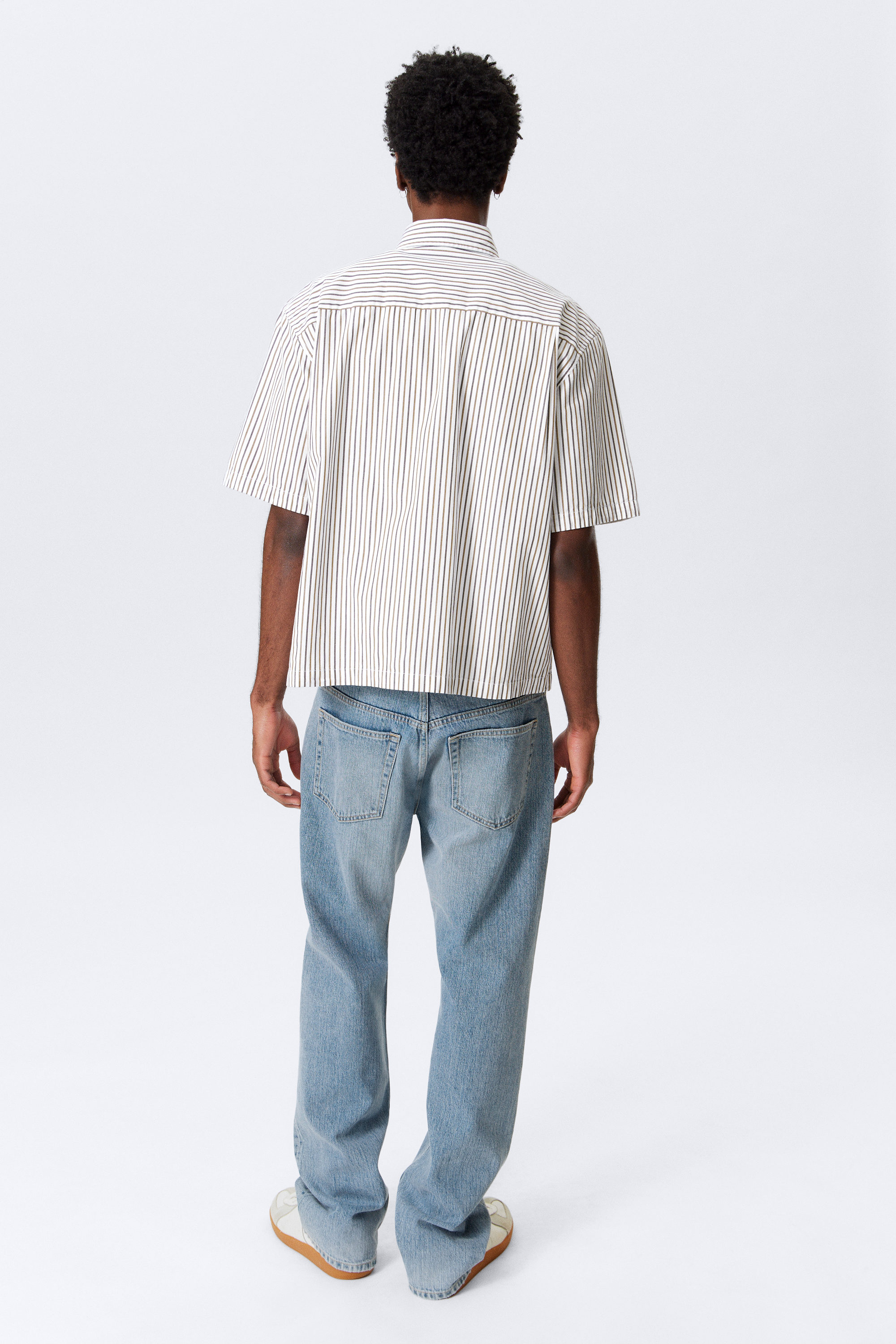 White - Brown Stripes - Relaxed Fit Short-Sleeved Cotton Shirt - 3