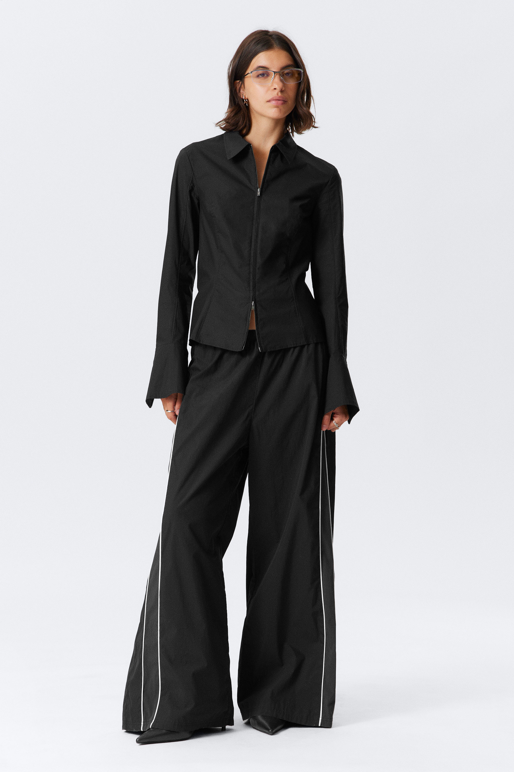 Black - Contrast Piped Wide-Leg Track Trousers - 1