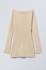 Light Beige - Long-Sleeved Off-Shoulder Mini Dress - 0