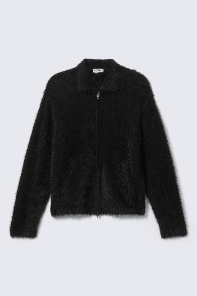 Cardigan de Malha Peluda com Fecho - Preto/Branco Sujo - 1