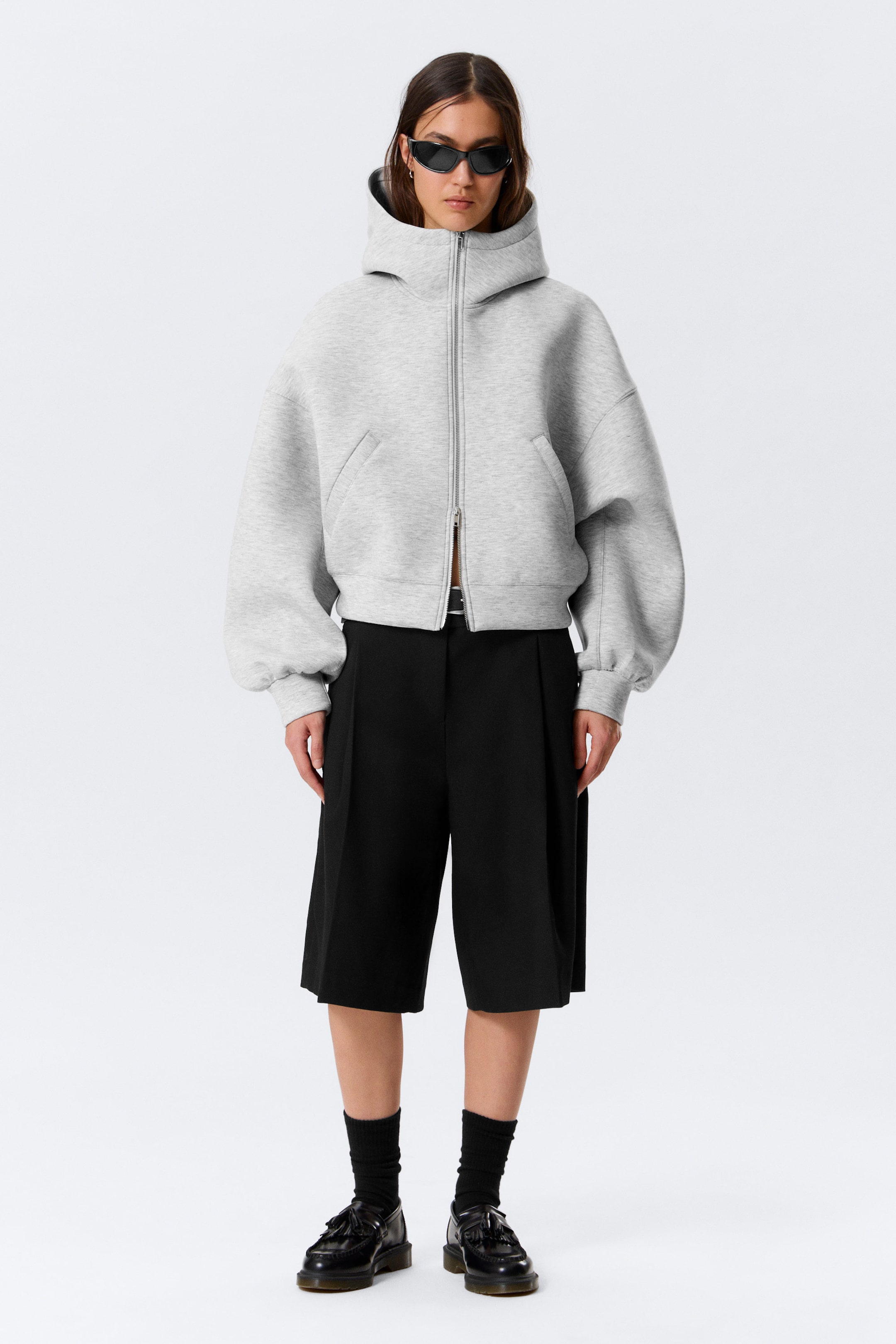 Grey Melange - Oversized Funnel Neck Scuba Zip Hoodie - 3