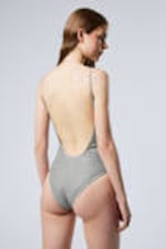 Grey - Rhinestones - Rhinestone Scoop-Neck Swimsuit - 2