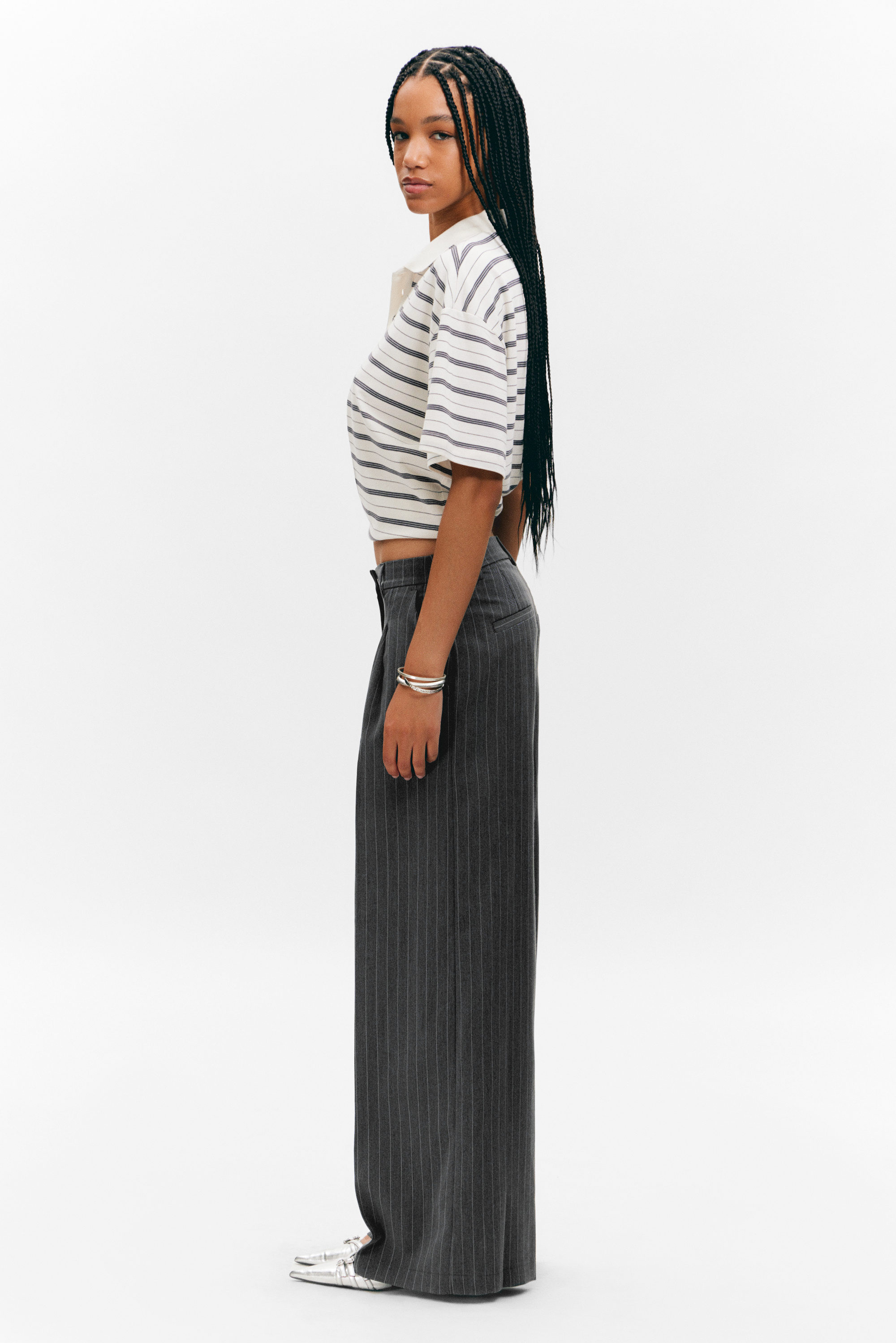 Pinstriped Dark Grey - High Waisted Wide Leg Twill Trousers - 2