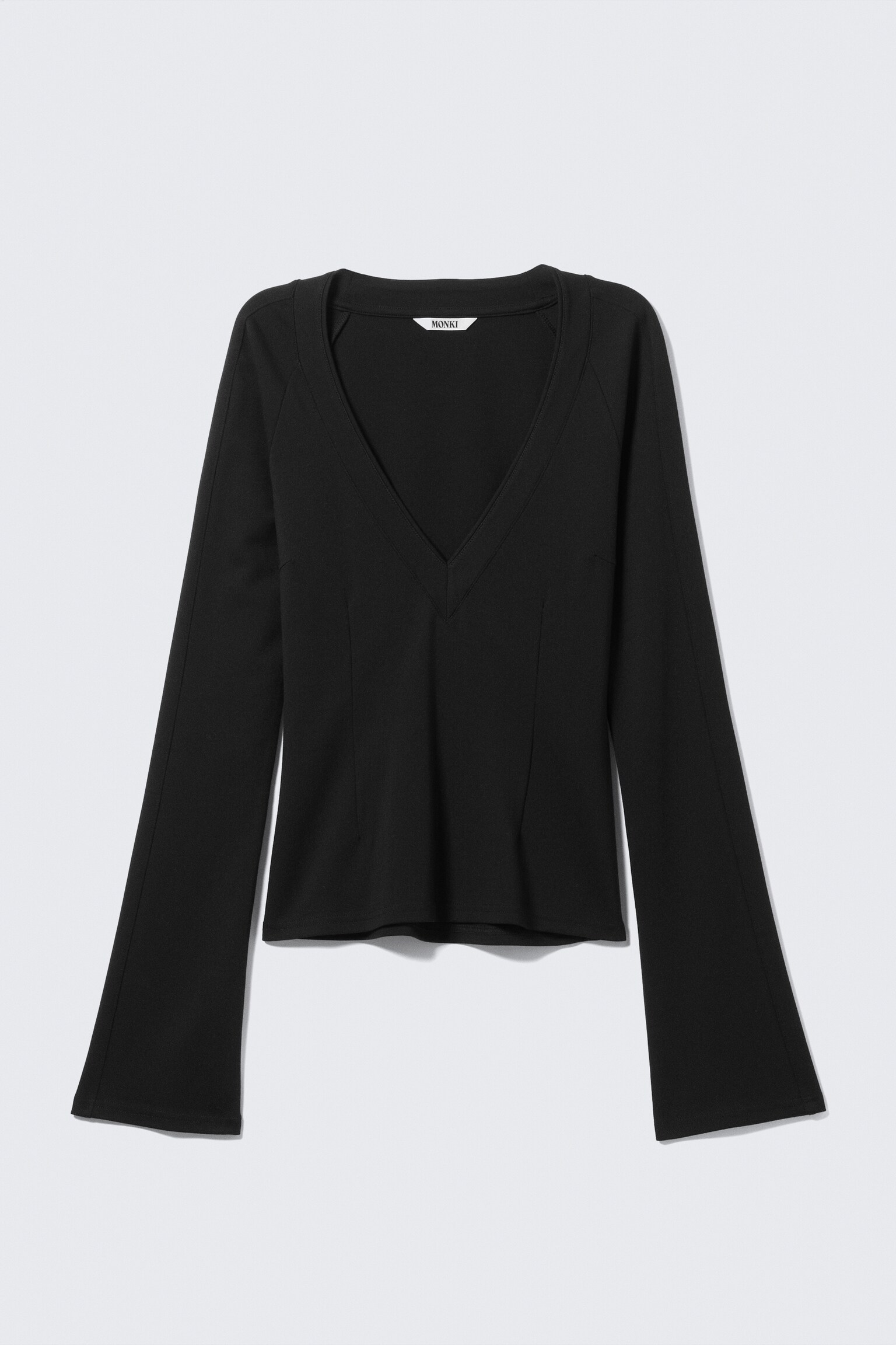Fitted Flare-Sleeved V-Neck Top - Black - 2