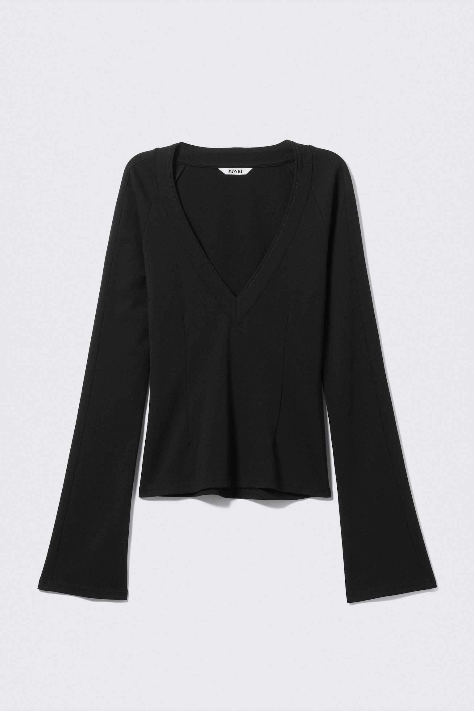 Fitted Flare-Sleeved V-Neck Top - Black - 2