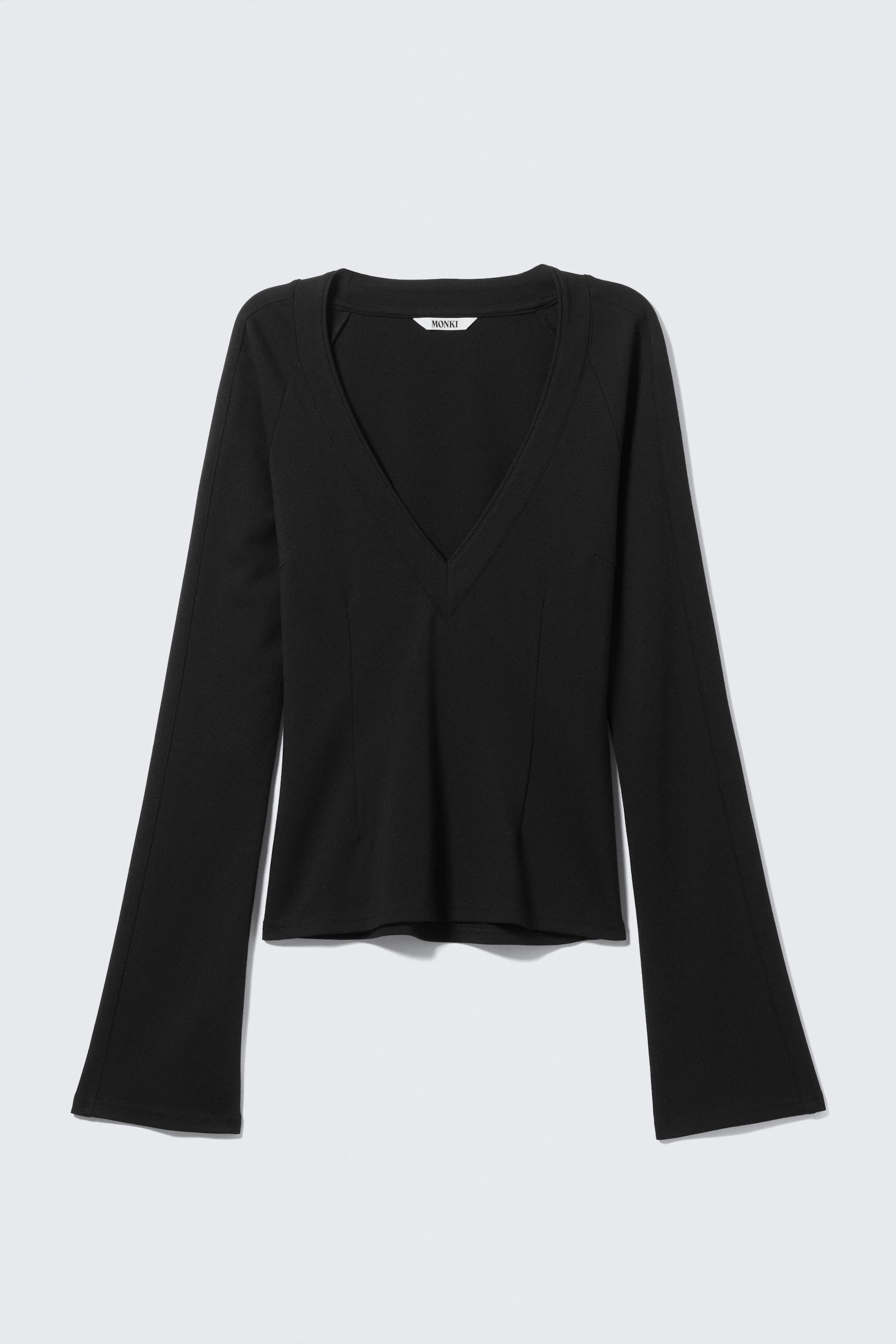 Black - Fitted Flare-Sleeved V-Neck Top - 1