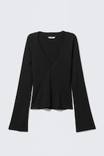 Schwarz - Schmales Top mit V-Ausschnitt und Flared-Ärmeln - 0