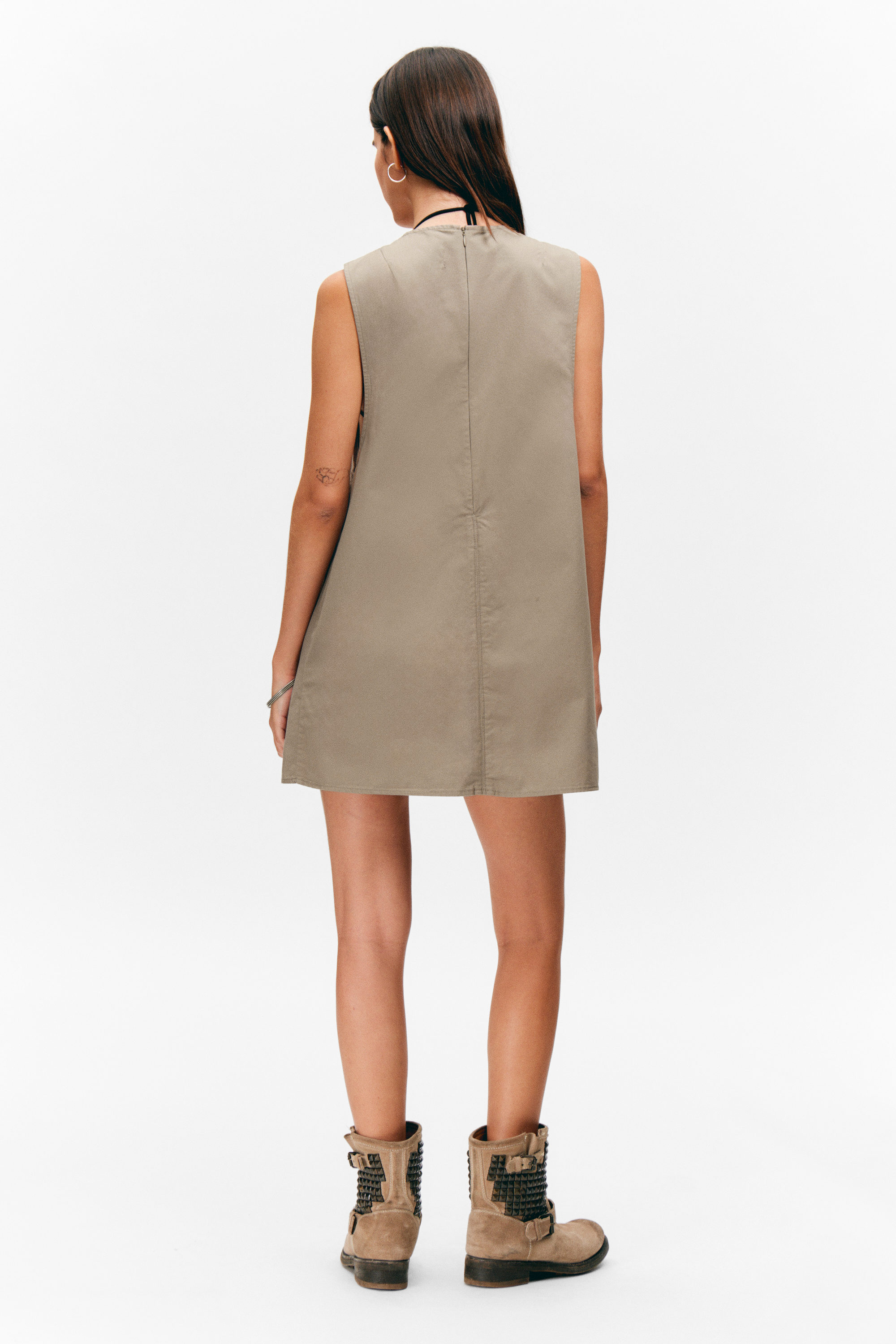 Beige - Utility Cotton Canvas Mini Pinafore Dress - 2