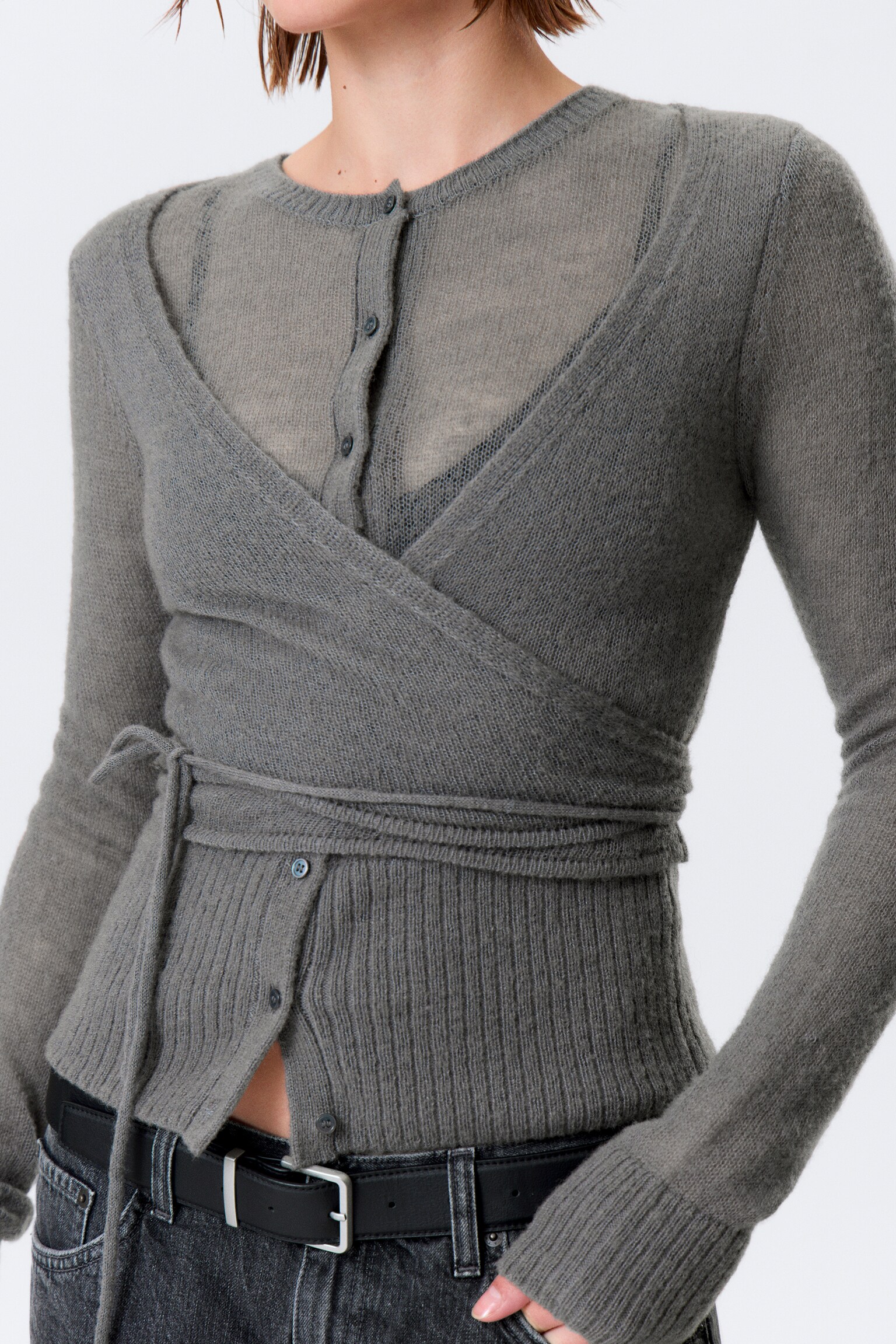 Buttoned Wrap-Effect Wool-Blend Cardigan - Grey/White - 3