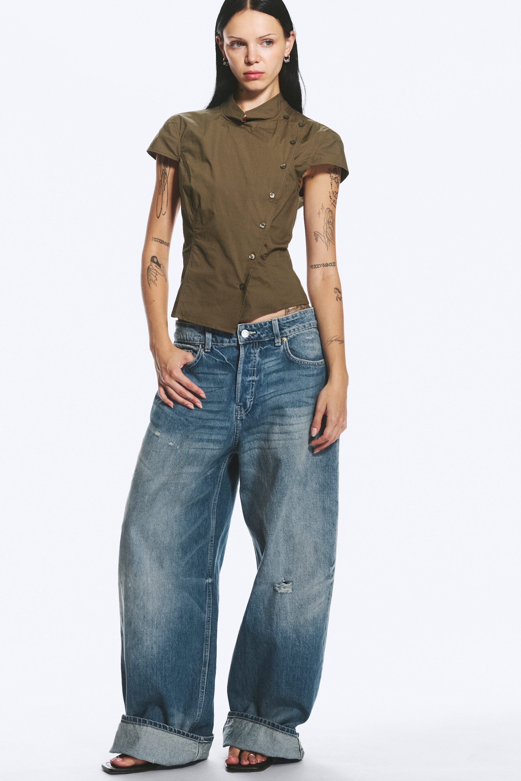 Dark Khaki Green - Asymmetrisk knappet topp - 2