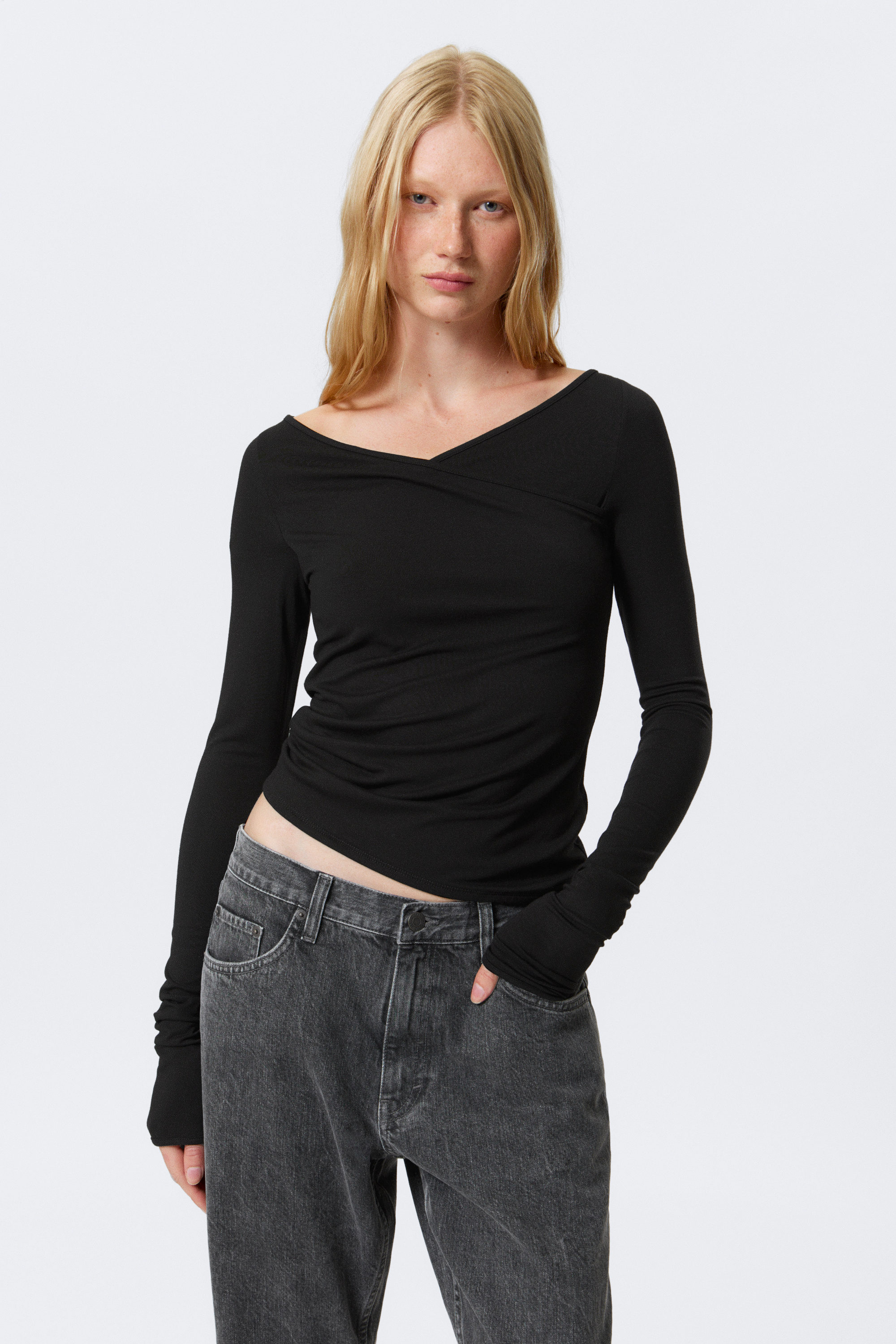 Black - Slim Long-Sleeved Wrap Top - 1