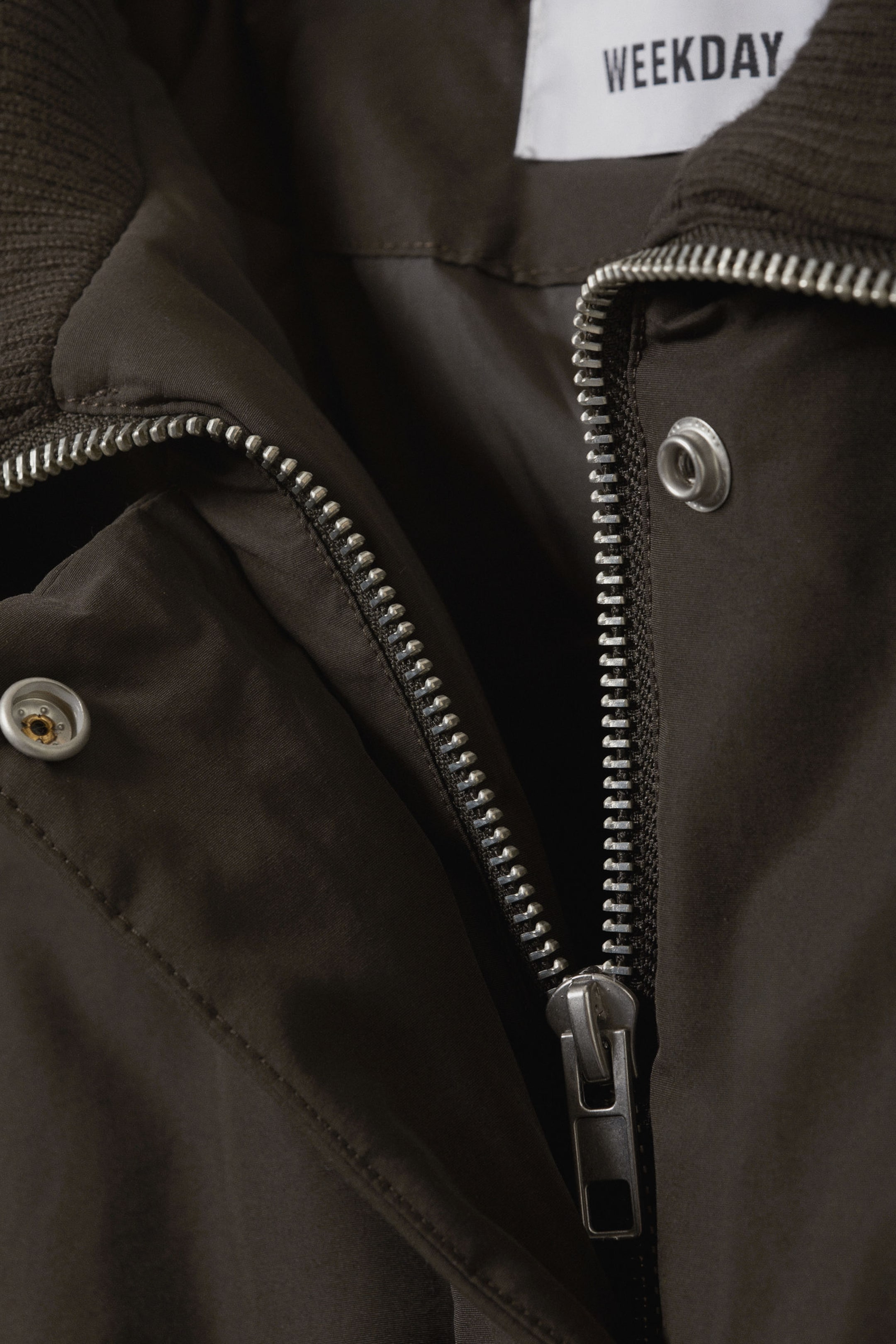 Dark Brown - Cropped Rib Funnel Neck Bomber Jacket - 2