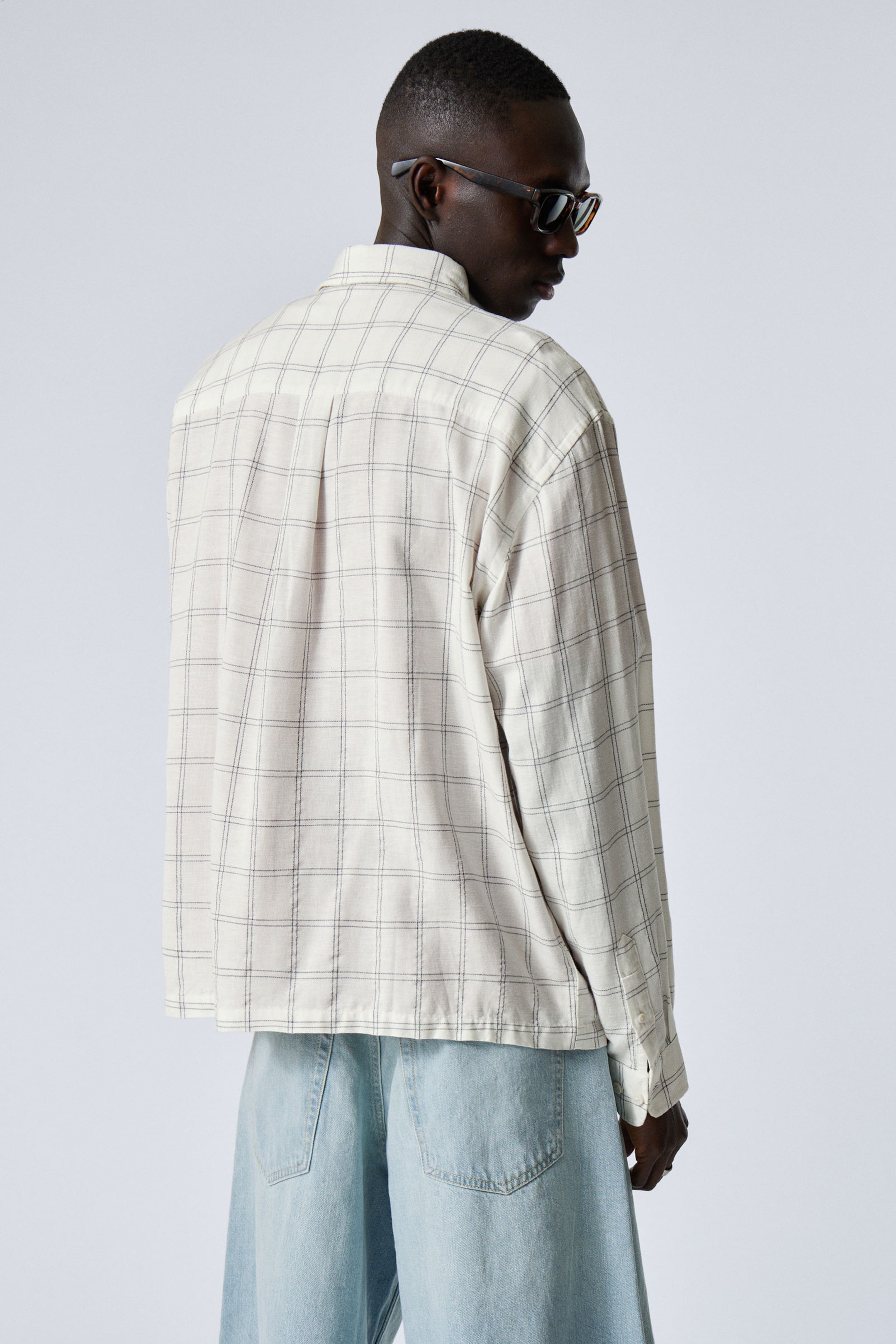 Checked White - Oversized Boxy Checked Linen Blend Shirt - 2