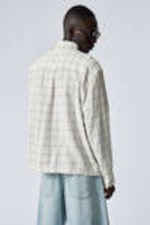 Checked White - Oversized Boxy Checked Linen Blend Shirt - 2