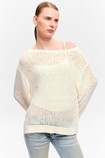 White - Loose Open-Knit Side Slit Sweater - 0