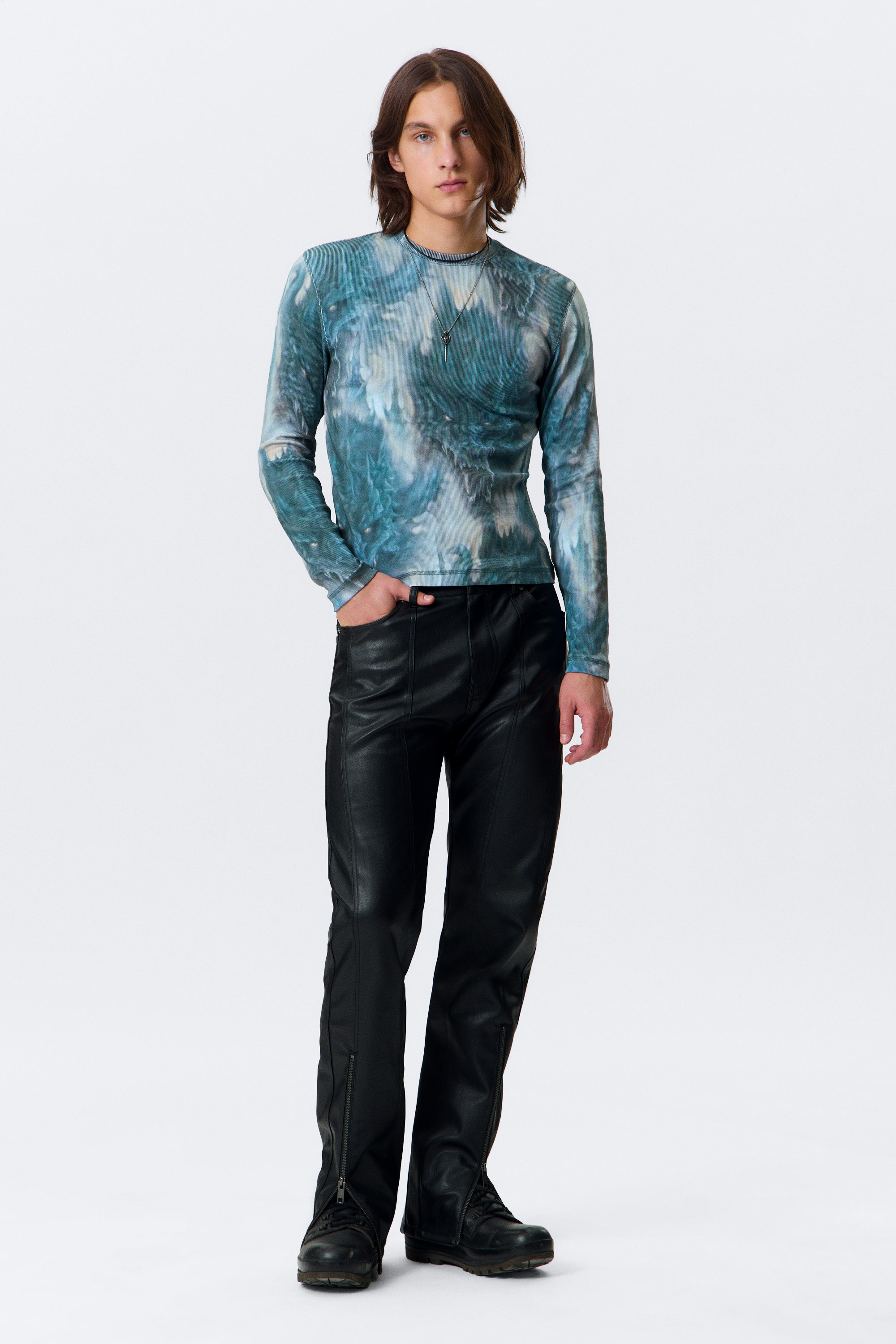 Grey & Blue Dragon Print - Ribbed Long-Sleeved T-shirt - 2
