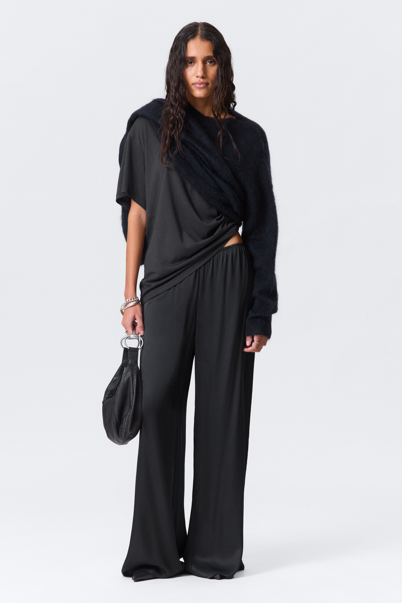 Draped Wide-Leg Satin Trousers - Dark Grey - 1