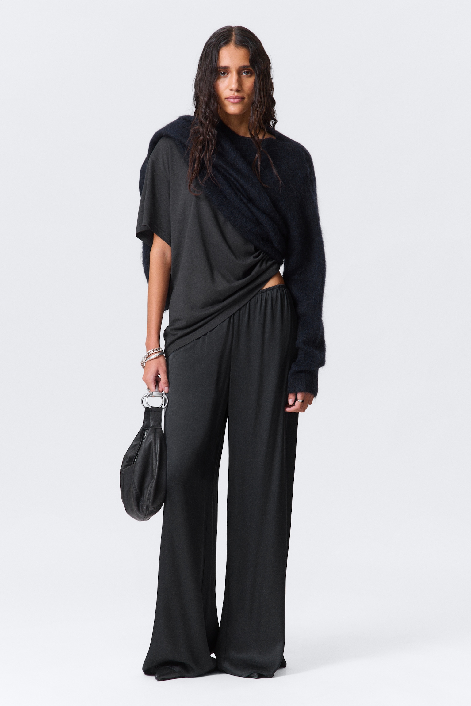 Draped Wide-Leg Satin Trousers - Dark Grey/Dark Mole